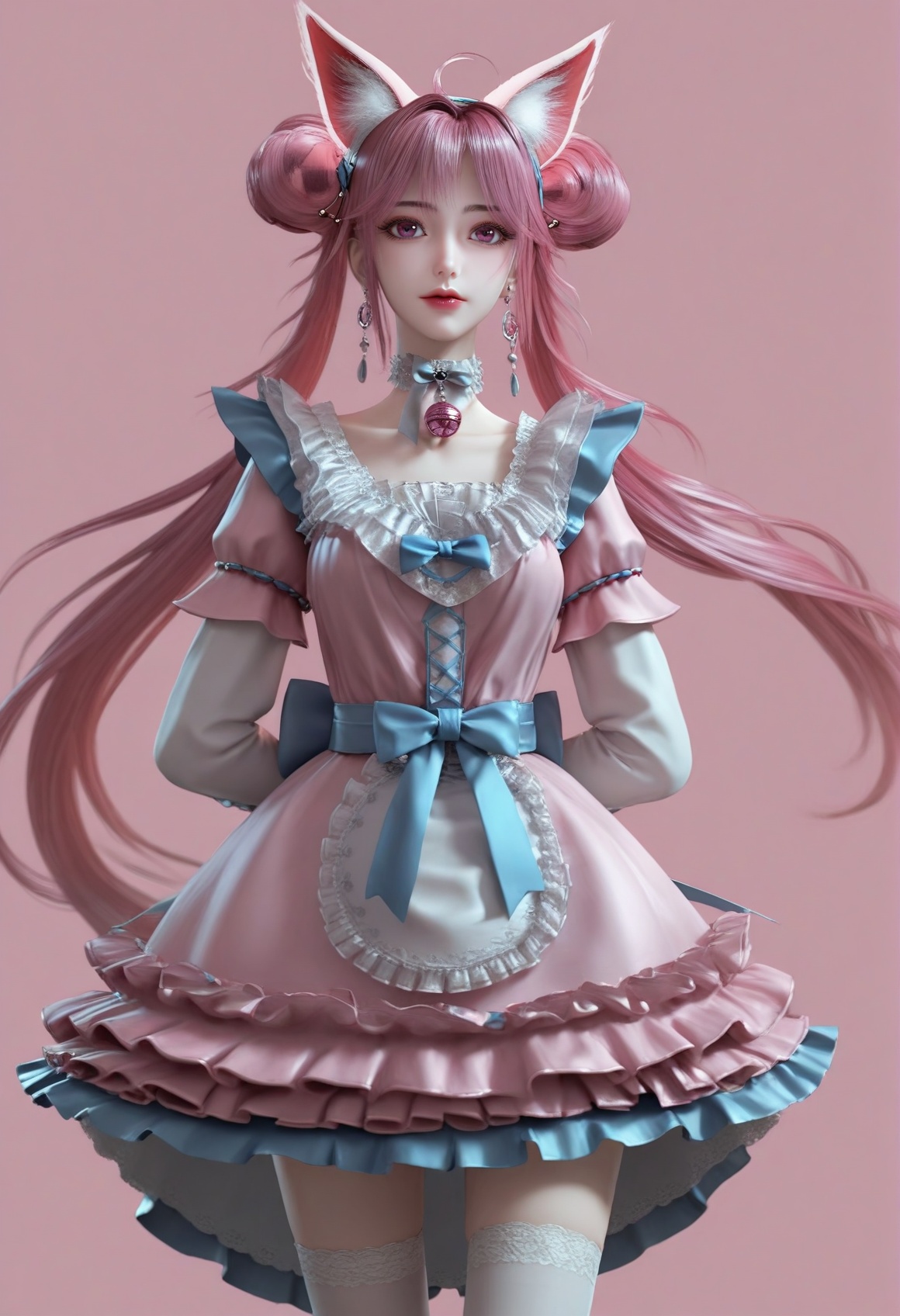 (score_9),<lora:小狸-Apony:0.86>,xiaohuli,solo,animal ear fluff,fox ears,double bun,long hair,twintails,pink hair,ahoge,hairband,earrings_ring,lipstick,choker,neck bell,frills,jewelry,earrings,maid dress,bow,belt,blue sash,thighhighs,white thighhighs,standing,<lora:perfect-eyes:0.8>,pink eyes,(((arms_behind_back))),(mature_female:1.1),mature,collarbone,<lora:e色温:0.5>,(white_skin),(fair_skin),<lora:e肤色滑块:0.5>,front view,light blush,simple background,(huge filesize:1.1),(wallpaper:1.1),(game cg:1.1),rim light,pink background,<lora:Expressive_H:0.8>,<lora:detailed_notrigger:1>,<lora:皮肤凹痕:1.2>,<lora:身材滑块:1>,