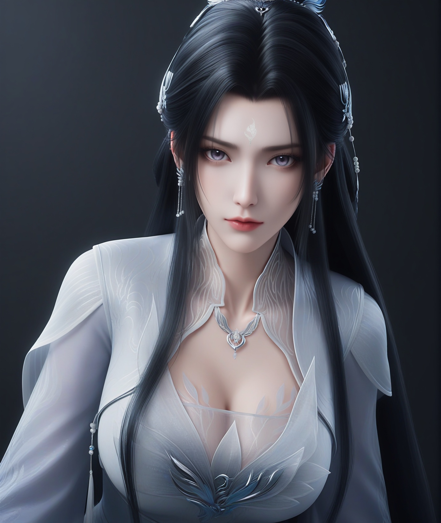 masterpiece,best quality,absurdres,highres,mature female,solo,<lora:新-陆雪琪-ill:0.85>,luxueqi,long hair,black hair,hair ornament,jewelry,earrings,forehead mark,hair bun,hair ribbon,grey_eyes,purple_pupils,BREAKcollarbone,sheer overlay,necklace,dress,belt,cleavage,see-through cleavage,looking at viewer,front view,BREAKsimple background,black background,