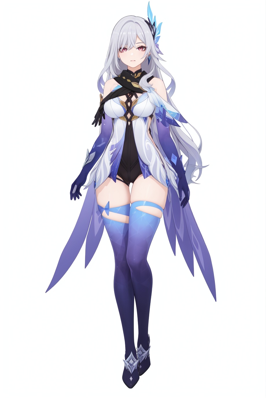 8k,best quality,masterpiece,(ultra-detailed),(high detailed skin),(by nanoless, by misumi \(macaroni\),:0.5),A full-body portrait of a young girl,standing gracefully,pastel art style,high-key lighting,shoujo manga influence,hd quality,delicate details,full body,full shot,standing,looking at viewer,(solo:1.2),simple background,(white background:1.2),<lora:sikk-sd-Tanger:0.75>,Skirk \(genshin impact\), clothes: Skirk def halter bodysuit, Skirk hair ornament, 1girl, breasts, long hair, thighhighs, gloves, bangs