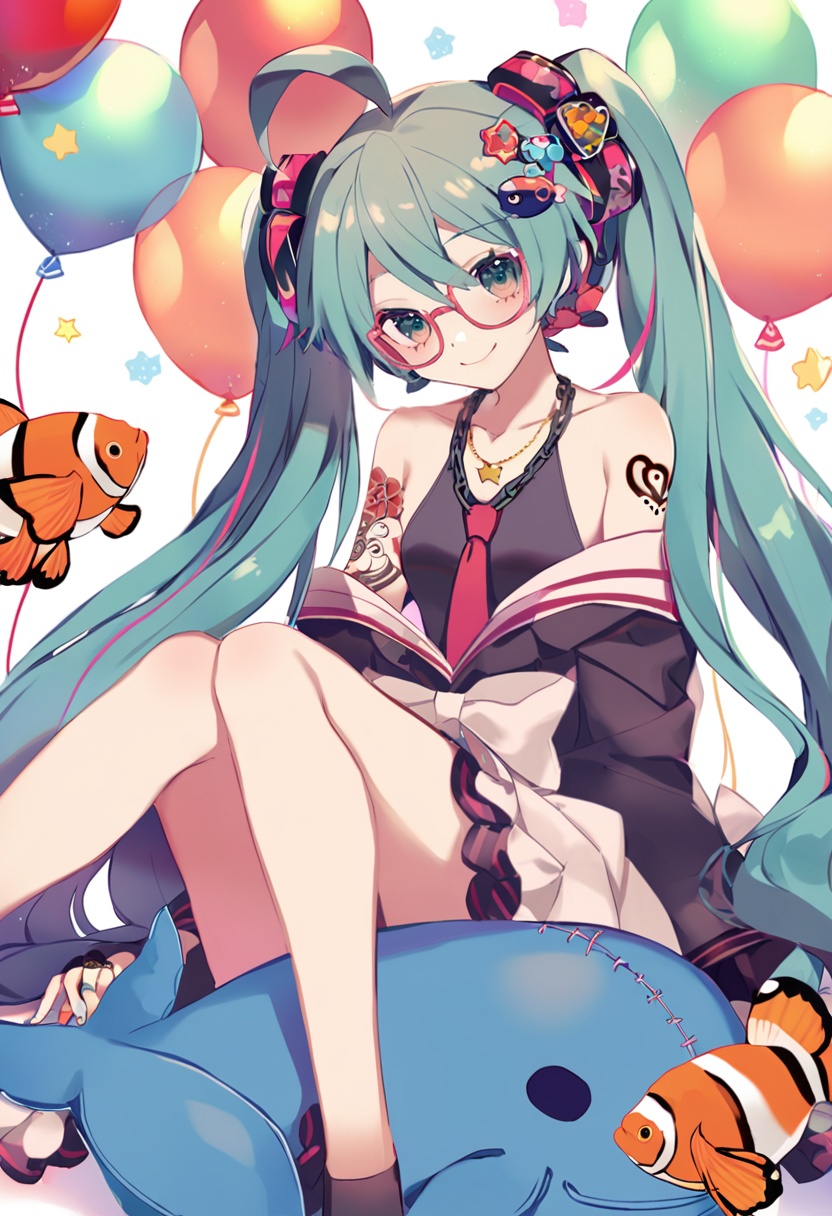 masterpiece, best quality,1girl, hatsune miku,  long hair, twintails, solo, glasses, very long hair, bespectacled, sitting, happy birthday, aqua hair, whale, jewelry, fish, smile, ahoge, aqua eyes, tanzaku, paper chain, necktie, balloon, heart, stitches, pendant, collarbone, tinted eyewear, arm tattoo, tattoo, clownfish, shoulder tattoo, bare shoulders, ring, octopus hair ornament, star balloon, necklace, looking at viewer <lora:yumenouchiXLlokr-000049:1>