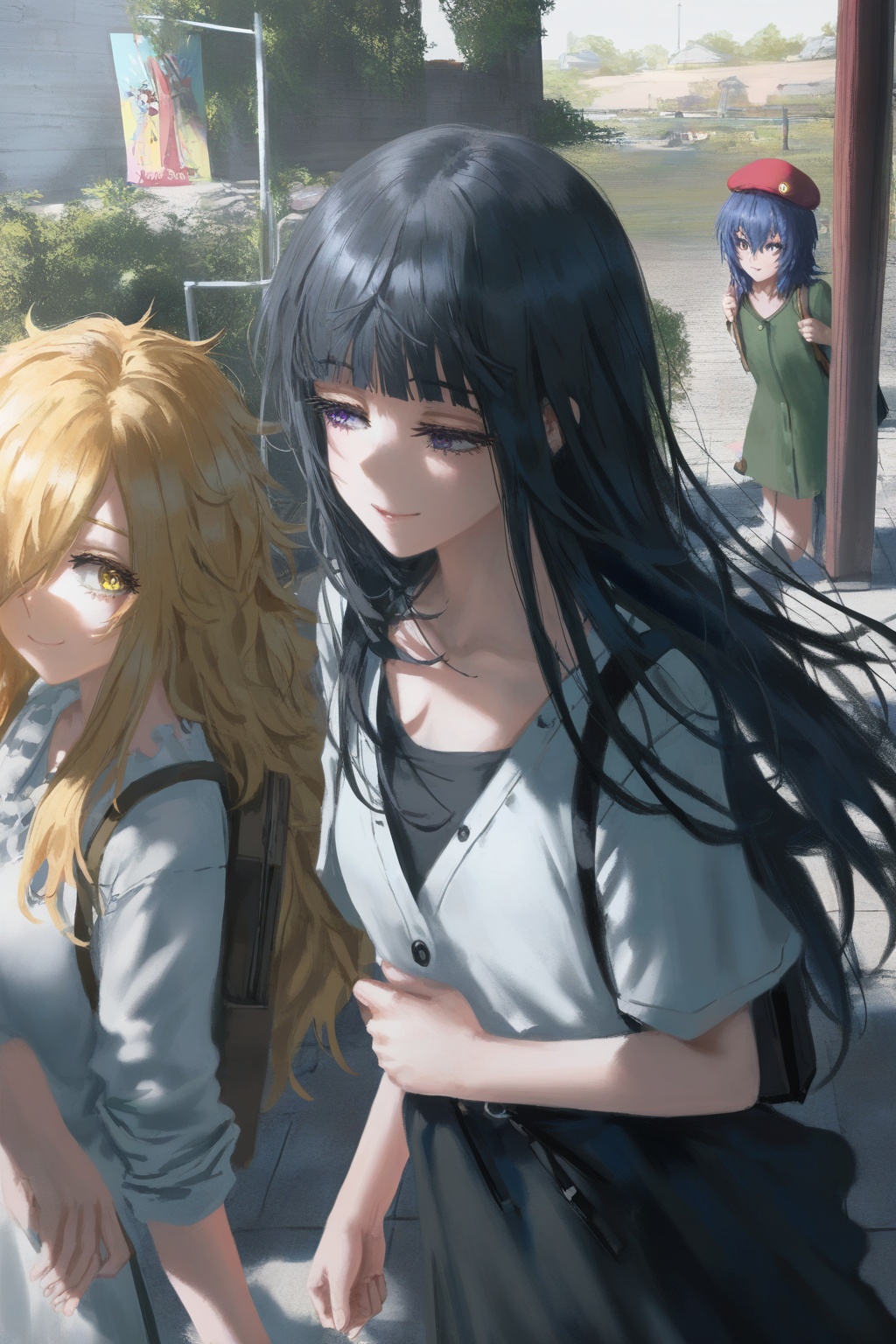 masterpiece,best quality,amazing quality,very aesthetic,absurdres,best quality,newest,(artist:quasarcake:0.8),extreme aesthetic,(wlop:0.9),masterpiece,best quality,good quality,newest,very aesthetic,absurdres,A shot with tension,Visual impact,giving the poster a dynamic and visually striking appearance,offcial art,splash of color,movie perspective,multiple girls, 3girls, blue hair, blue eyes, blonde hair, long hair, black hair, hat, shirt, purple eyes, backpack, beret, yellow eyes, outdoors, bag, smile<lora:journey-000004:0.8>,