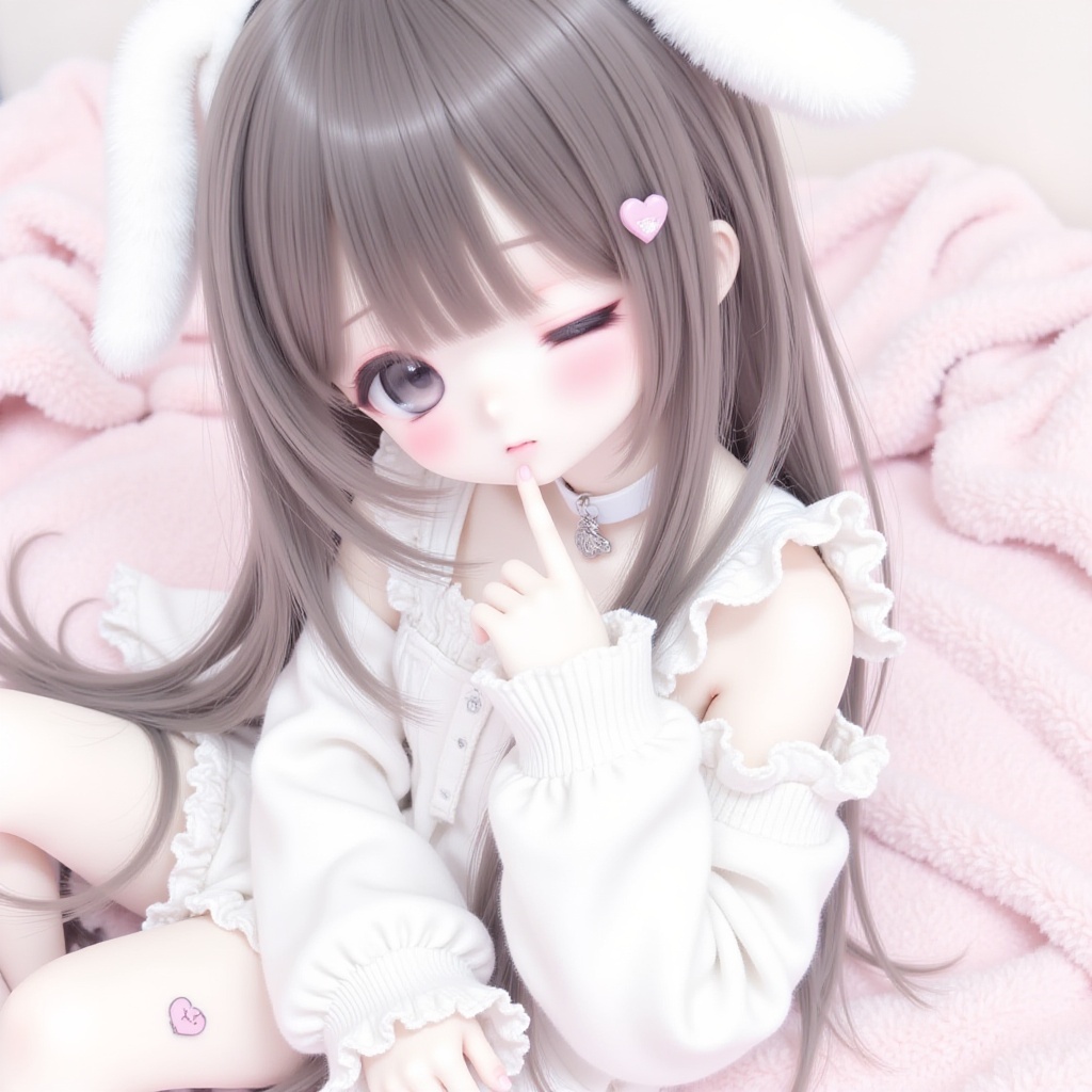 This is a digital illustration of a young girl with a cute, anime-inspired style. She has long, straight, dark brown hair with bangs and wears a white, frilled, sleeveless top with puffed shoulders. Her eyes are large and expressive, with one eye winking and the other eye visible, showing a grey iris with a dark pupil. She has a small, pink blush on her cheeks and is gently touching her lips with her index finger. She wears a white choker with a small, round charm and white, furry sleeves on her arms. Her skin is pale, and she has a small, pink heart tattoo on her right thigh. She is sitting on a soft, pink blanket with a plush texture, which adds to the overall cozy and cute atmosphere of the illustration. The background is slightly blurred, keeping the focus on the girl. The color palette is primarily soft whites, pinks, and greys, contributing to the delicate and innocent aesthetic of the artwork. The style is reminiscent of modern Japanese anime and manga, with an emphasis on cuteness and detail.