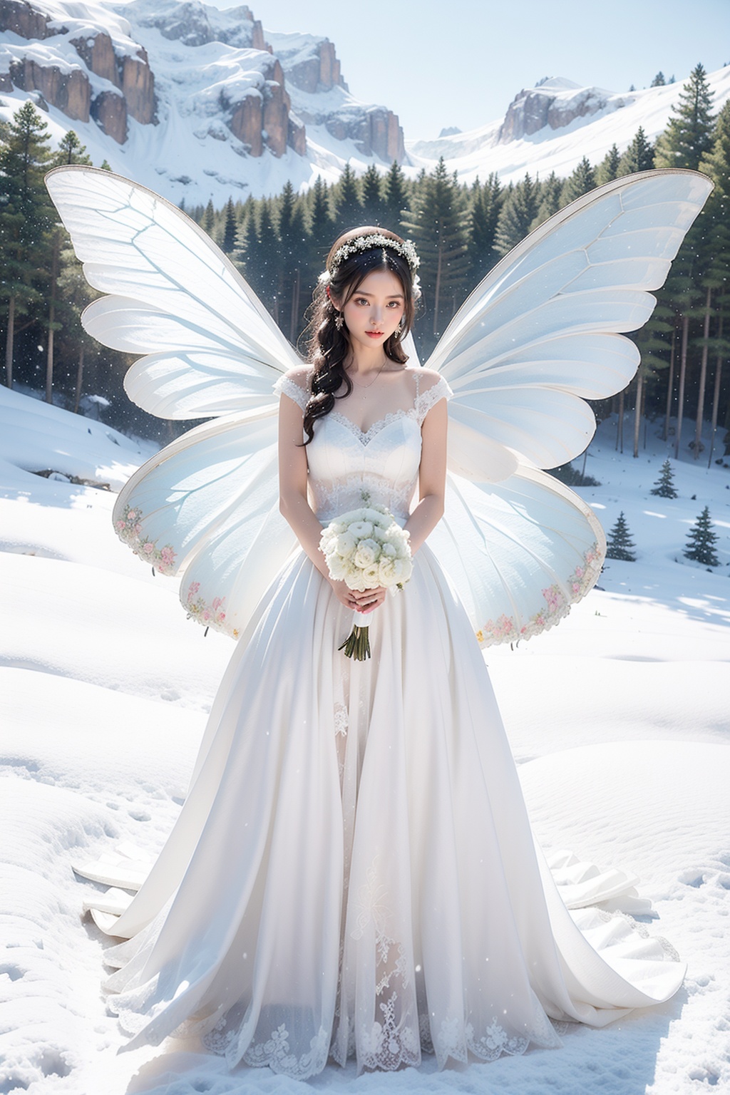The girl was wearing a white wedding dress,with butterfly wings growing behind her,delicate facial features,and fair skin. She stood in the snow,with a snowy mountain behind her,<lora:HUDIE_20240328094949-000002:0.8>,