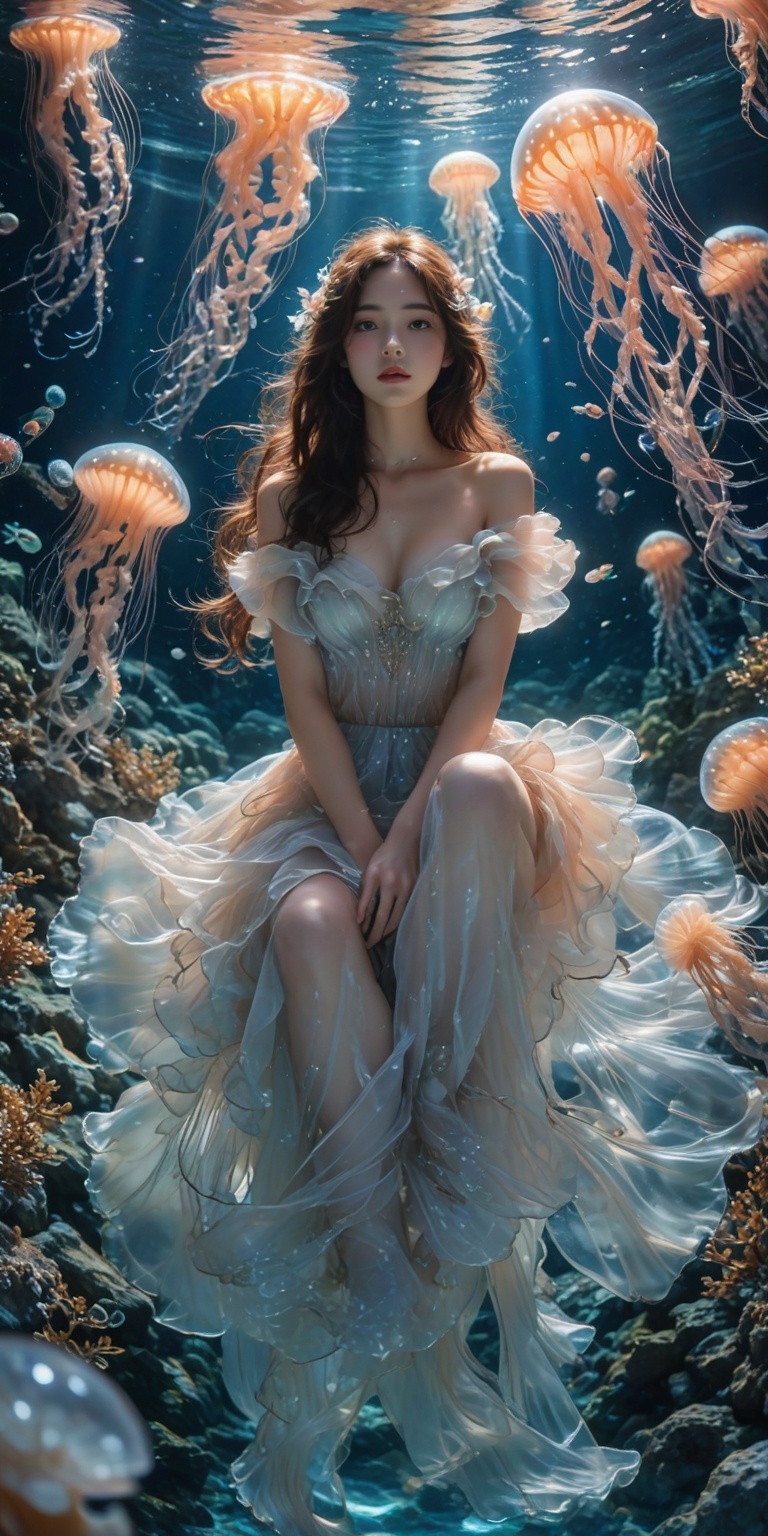masterpiece,best quality,((Translucent luminescence jellyfish)),1girl, solo,(((Clear underwater world))),hair fluttering,full body,panoramic view,(The girl sitting on the jellyfish),Light that shoots into the water,reflection light,jellyfishforest,art blockbusters,self illumination,film rendering,