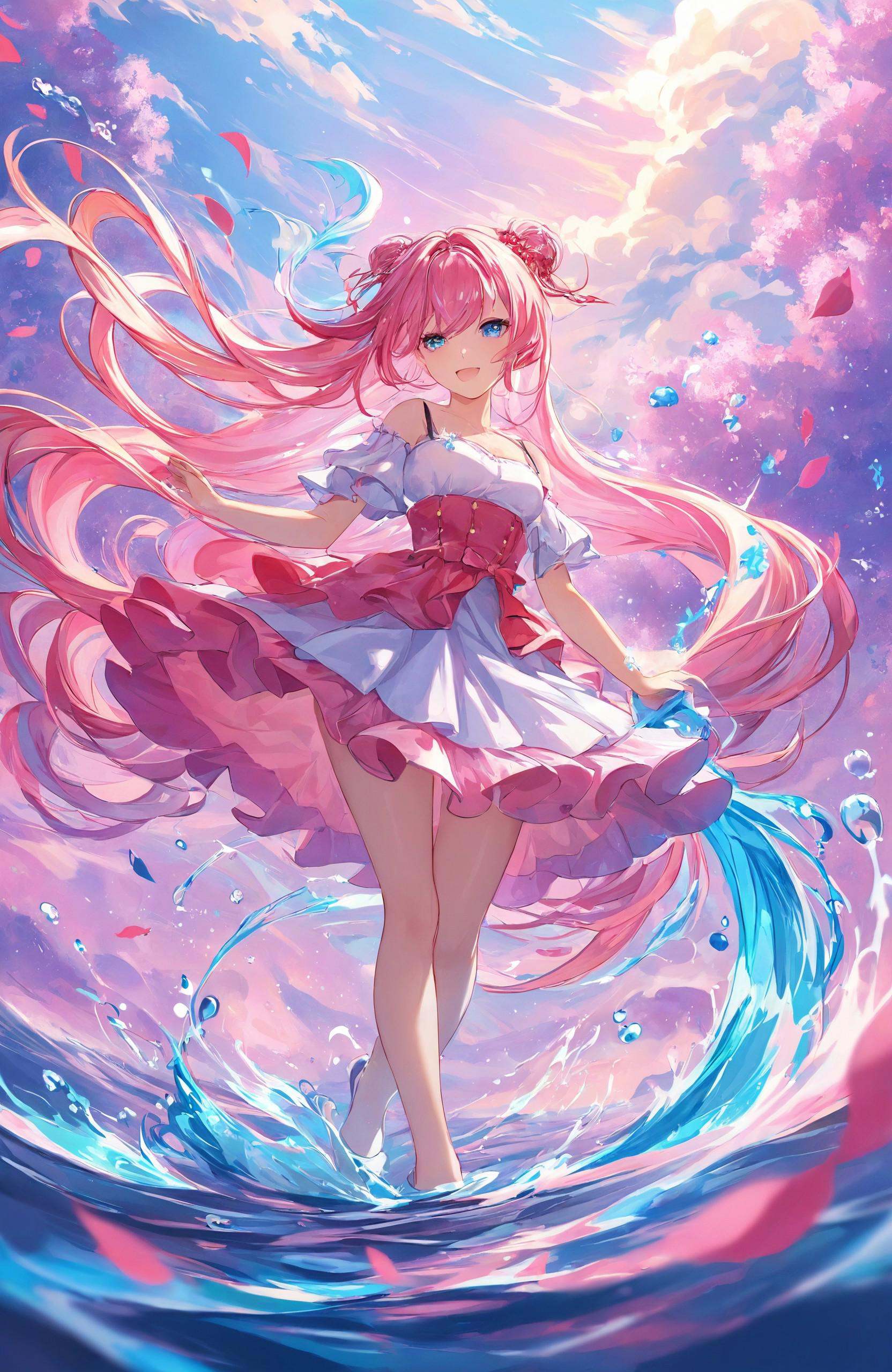 "Vibrant anime art style,  showing a young girl with long,  flowing hair in vivid shades of pink on Tensor.Art