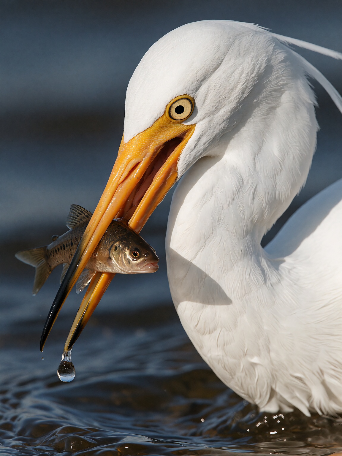 A close-up profile portrait of a white wading bird clutching a small brown fish in its long,  pointed orange beak. The bir...