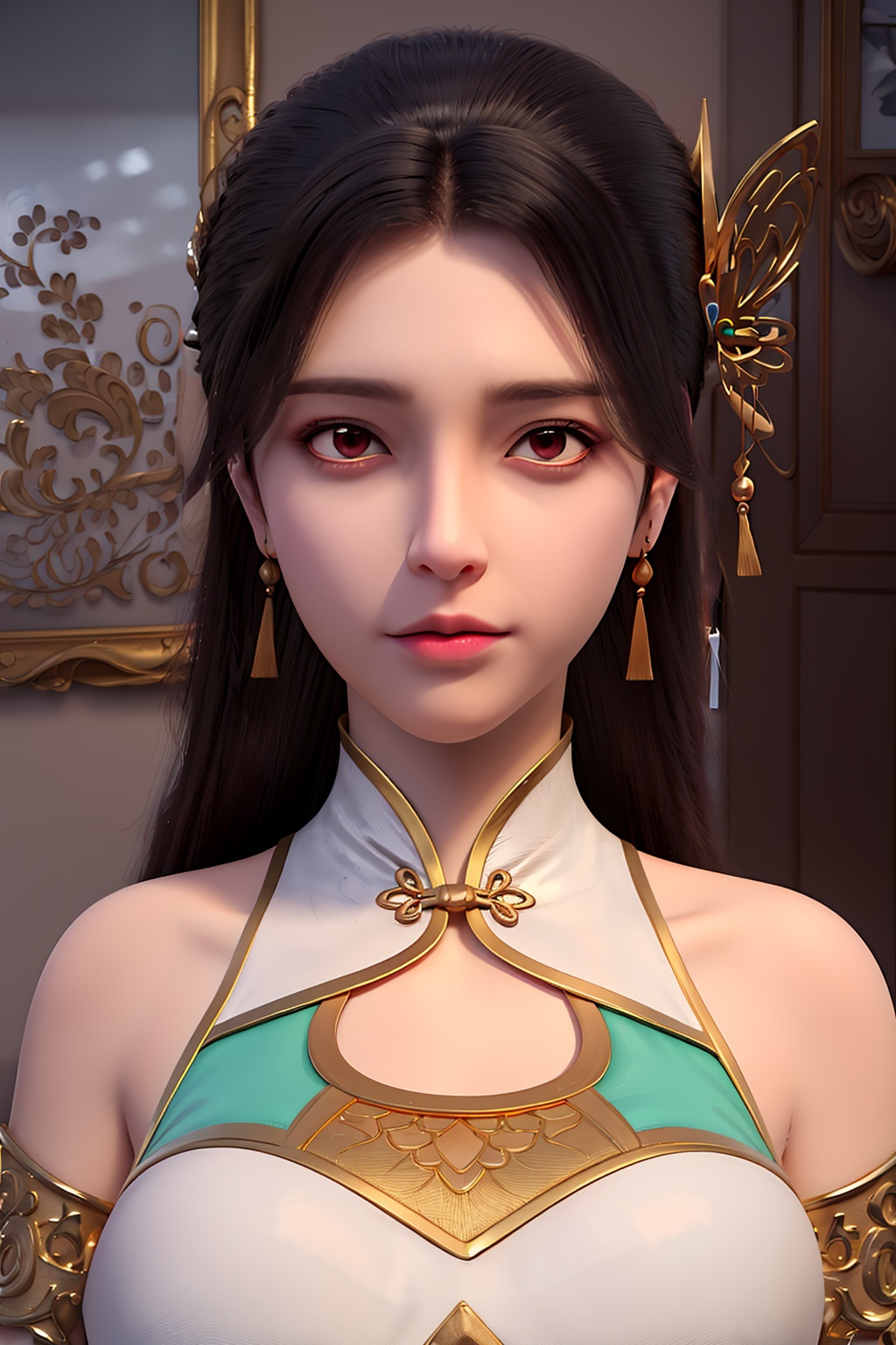 3D,masterpiece,(best quality),(makeup),official art, extremely detailed cg 8k wallpaper,((crystalstexture skin)), (extremely delicate and beautiful),(highly detailed),(face),(tassel),(collar),(gold),(1girl), (solo), (jewelry), (earrings),(black_hair),(long_hair),(hair_ornament),(handwear),(breasts),(portrait),(closed_mouth),(shiny_clothes),(city,indoor),,((looking_at_viewer)),((Facing the camera)),, <lora:hipoly3DModelLora_v10:0.3>