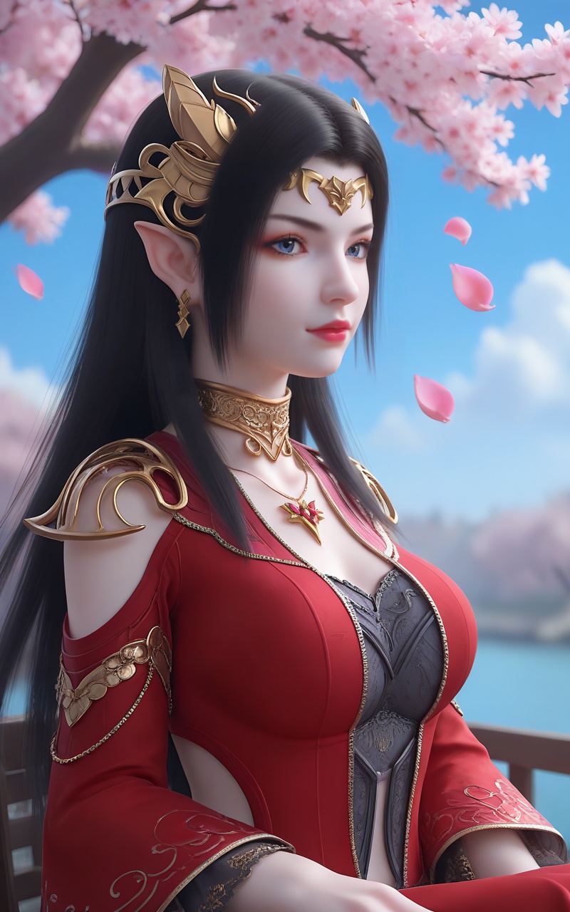 <lora:美杜莎pony-000013:0.6>,meidusha,1girl,solo,jewelry,pointy ears,black hair,dress,earrings,blue sky,clothing cutout,red dress,long hair,sky,hair ornament,blue eyes,necklace,petals,falling petals,cherry blossoms,closed mouth,sitting,upper body,breasts,outdoors,metal collar,cloud,looking at viewer,depth of field,masterpiece,best quality,very aesthetic,2024,2023,perfect composition,ultra-detailed,extreme aesthetic,(quasarcake:0.7),masterpiece,best quality,good quality,newest,year 2024,year 2023,very aesthetic,absurdres,looking_at_viewer,colorful,