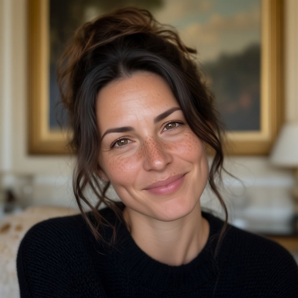 An ultra-realistic,  highly-detailed close-up photograph capturing the face of a woman,  a natural brunette with abundant...
