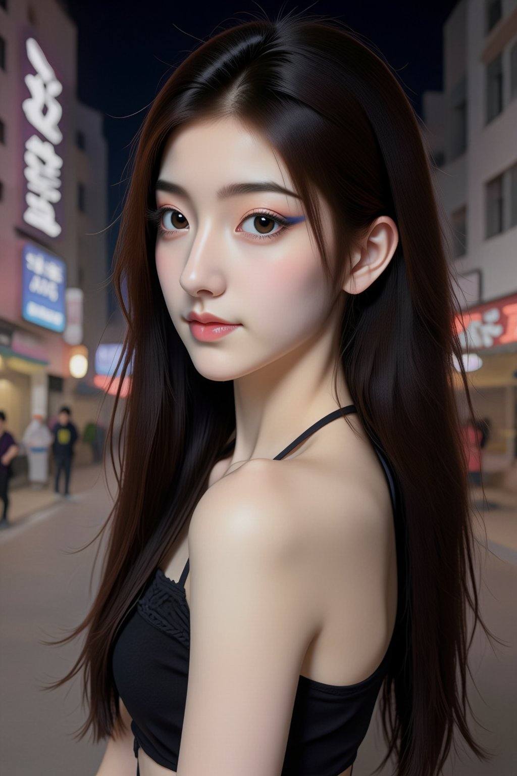 This is a high-resolution photograph of a young Asian woman with long,  wavy dark hair and fair skin. She has a slender ph...
