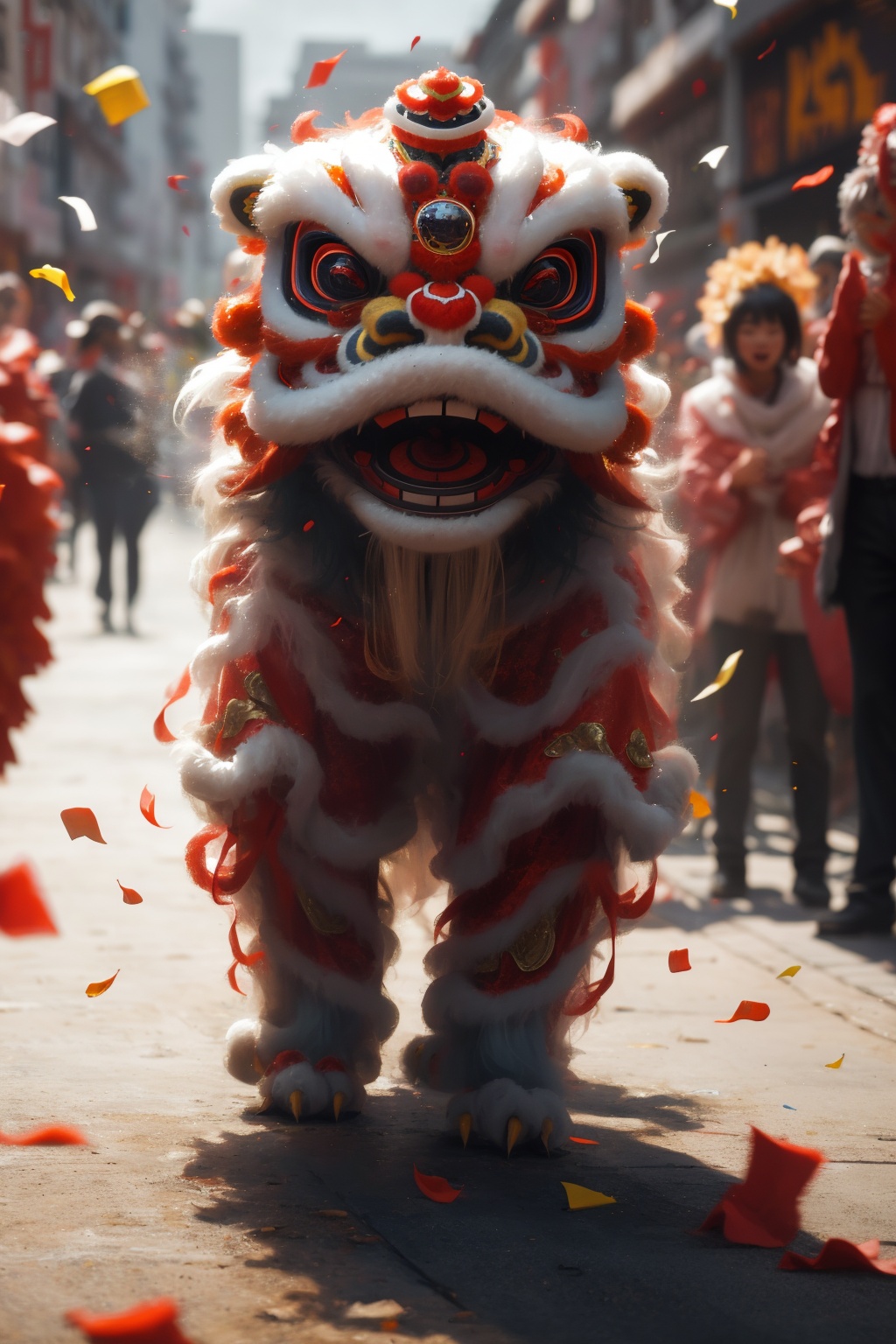 Chinese lion dance,solo,confetti,colorful,outdoors,no humans,full body,blurry,day,wind,<lora:xingshi-000008:0.6>,festive atmosphere,, masterpiece, best quality,