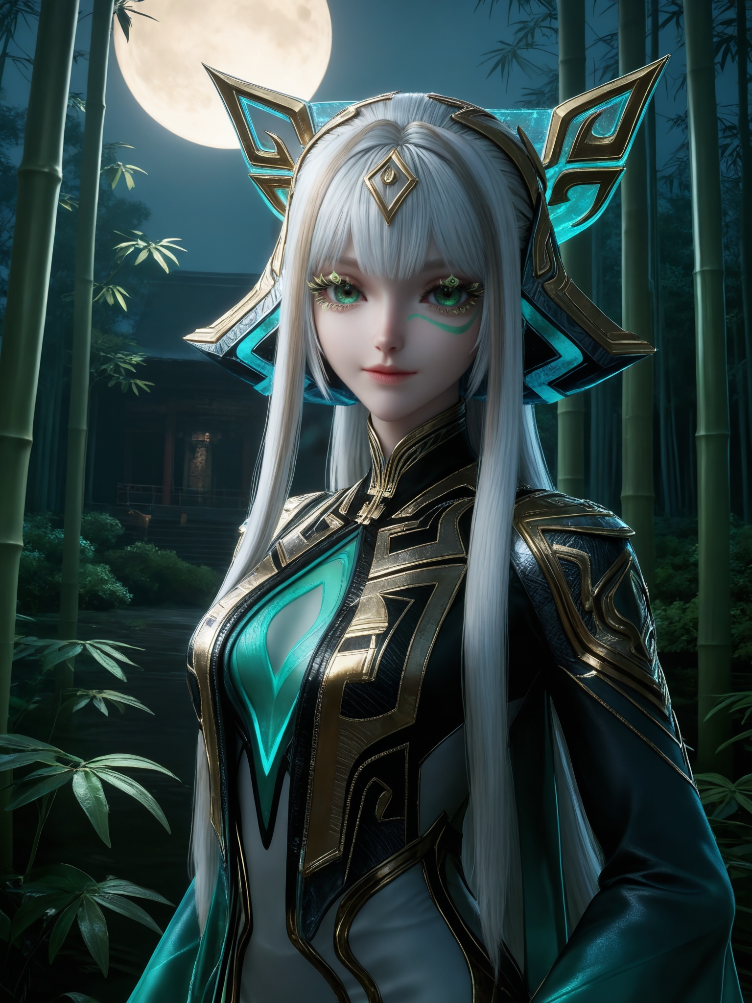 <lora:少司缘-巫礼祀神IL:0.8>,1girl,long,flowing white hair,green eyes,headpiece,luxurious,high-collared,form-fitting teal and gold,with intricate patterns outfit,high collar,long,flowing sleeves,masterpiece,best quality,solo,1girl,upper body,bamboo leaves,looking at viewer,moon,bamboo forest,leaf,extreme aesthetic,(quasarcake:0.7),masterpiece,best quality,good quality,newest,very aesthetic,absurdres,A shot with tension,(Visual impact,giving the poster a dynamic and visually striking appearance:1.2),impactful picture,offcial art,colorful,splash of color,movie perspective,