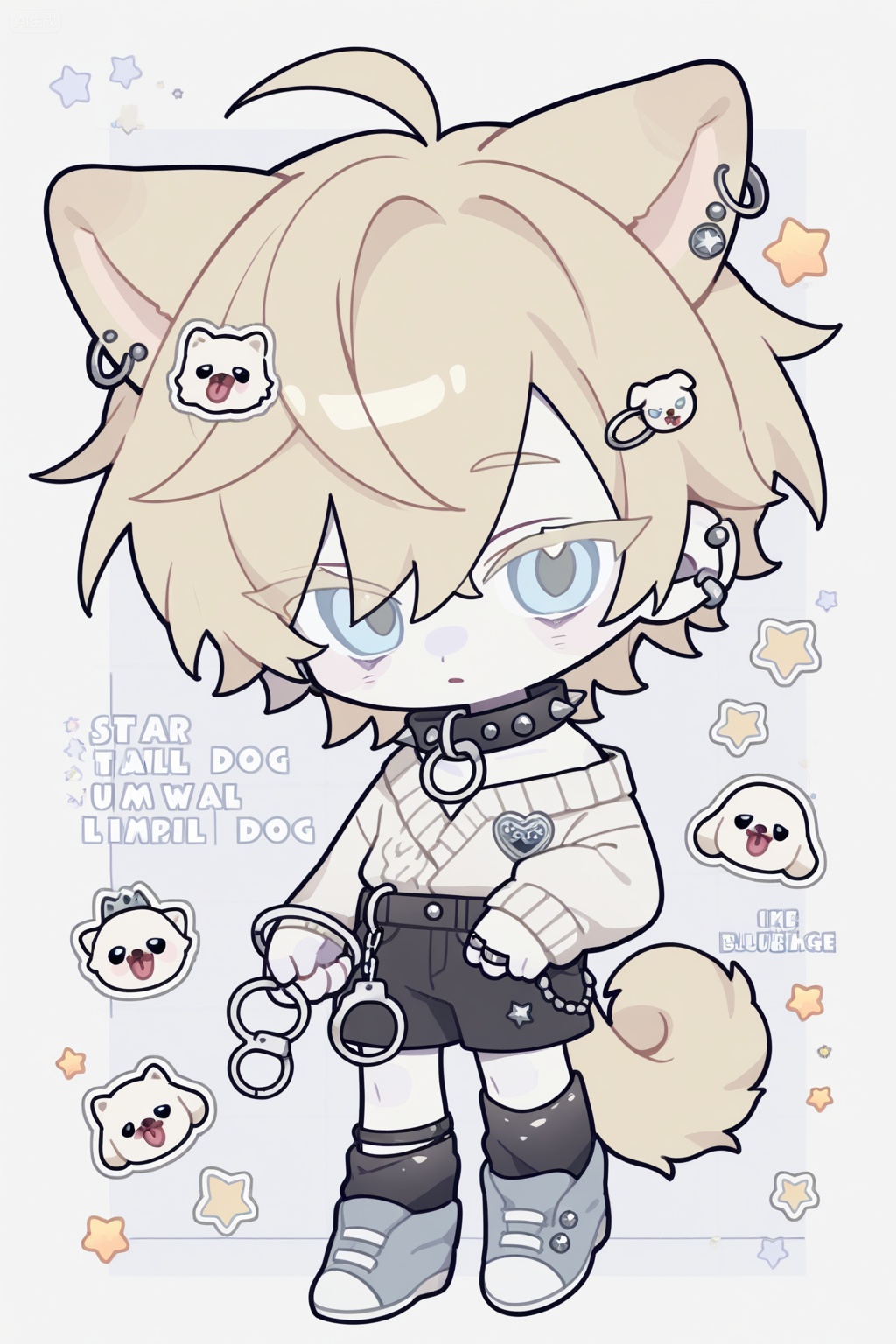 solo, , looking at viewer, , blue eyes, , blonde hair, , hair ornament, , 1boy, , animal ears, , jewelry, , male focus, , earrings, , star \(symbol\), , collar, , english text, , piercing, , ring, , crown, , pale skin, , dog ears, , spikes, , bishounen, , handcuffs, , spiked collar, , dog boy, , , (chibi:1.2),, Negative prompt: ng_deepnegative_v1_75t,(badhandv4:1.2),EasyNegative,(worst quality:2),,nsfw, Steps: 35, Sampler: Euler a, CFG scale: 7.0, Seed: 2378175237, Size: 1024x1536, Model hash: e645ee1569, Model: Anime Model-Illustrious_v1.00.safetensors, Denoising strength: 0.0, Clip skip: 2, ENSD: 31337, RNG: CPU, Lora 1: 【ELK】QQ小人, Lora Hash 1: 91e7719d06, Lora Weight 1: 0.8, vae_name: automatic