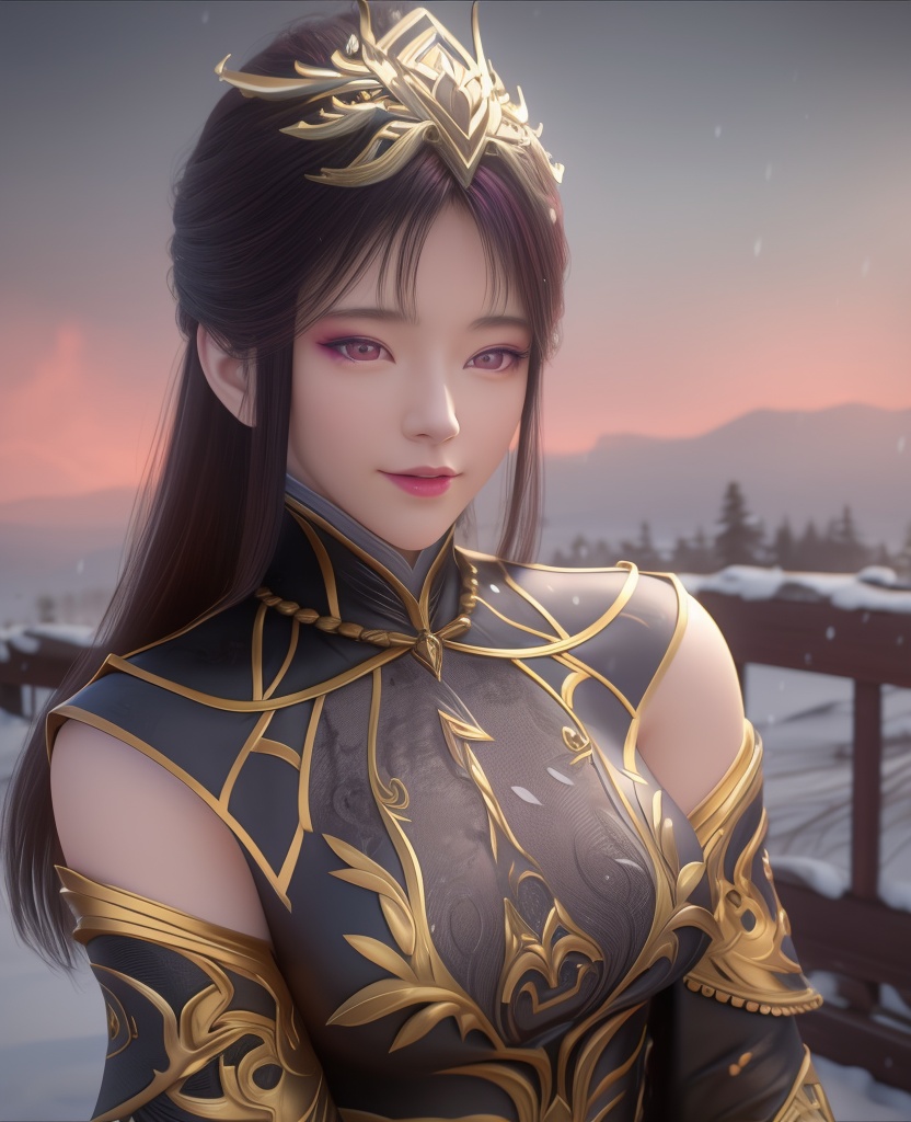 <lora:598-DA-百炼成神-毒血夫人:0.8>(,1girl, ,best quality, ),looking at viewer,masterpiece, (( , )),, realistic,science fiction,mole, ultra realistic 8k cg, ,outdoors, snow, snowing,