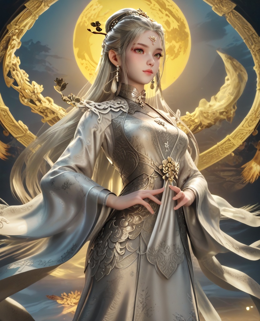 (oriental architecture, elegant decor, sophisticated style:1.1),(Standing with hands clasped behind the back,:1.1),(breasts:1.2),<lora:XL16牧神记神女关白骨神女:0.95>,miss shennv,solo,white gown with floral print,forehead jewelry,white hair,very long hair,traditional chinese updo with long cascading hair,hair ornament,wide flowing sleeves,sash,, score_9,score_8_up,score_7_up,score_6_up,score_5_up,score_4_up,3d rendering,tag1,tag2, Cinematic Lighting,backlighting,