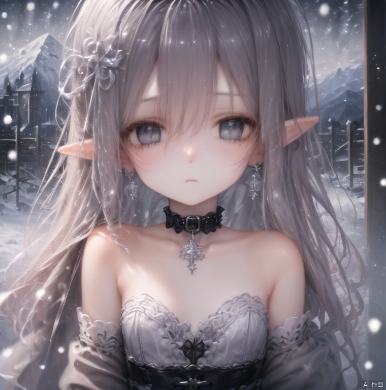 黛蕾特(elf,loli,white_gothic,expressionless),(sitting in chair,fence, library,upper body,delicate face,kawaii,loli),(delicate face,loli,pale skin,(best illustration), (best shadow,(delicate face,small breasts,delicate face)), ((masterpiece,an extremely delicate and beautiful),earrings),(face close-up)(The highest definition and image quality),), Neck ornament, (fairy tale and dreamy:1.5), ((face close-up,upper body,pale skin,collar, extremely detailed face and eyes, fluttered detailed splashes, extremely detailed CG unity 8k wallpaper, amazing, highly detailed, loli)), (best illustration), (expressionless), ((an extremely delicate and beautiful)),(beautiful eyes), lack of light, dynamic angle, classic, (detailed light, loli,kawaii),(oil painting \(medium\):1.4),(mountain), (snow), white_gothic, (beautiful detailed eyes), (grey and empty eyes), pale, floating hair, silver hair, silver hair, short hair{small breats}, (upper body,pale skin), wet clothes, ((loli, kawaii, small breasts, snowing))lolicollar, snowflake hair ornament, ((loli, small breasts, silver hair, shining hair, loli)), white gothic,delicate face,bestquality((Highest clarity,delicate face,kawaii,mountain,library,fence))(High definition image quality),(grey eyes,loli,kawaii,snow mountain),(pale skin),(((extremely detailed face and eyes,extremely beautiful and delicate face and eyes,wallpaper, extremely detailed face and eyes))(fence,loli,kawaii,fence,kawaii,mountain)(upper bod,loli,expressionless,upper body,small breasts,sitting in chair,delicate face,kawaii),snow mountain, fence ,delicate face,(extremely detailed CG unity 8k wallpaper),((masterpiece,best shadow,delicate face,an extremely delicate and beautiful eyes,grey eyes,upper body))<lora:EMS-362524-EMS:0.500000>, <lora:EMS-314300-EMS:0.450000>, <lora:EMS-302507-EMS:0.400000>