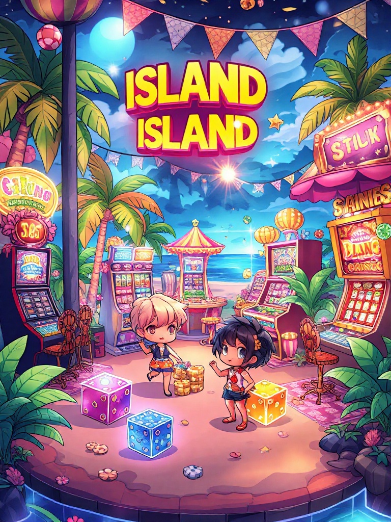 album_cover,  Chibi characters in a vibrant,  fantasy island casino on Tensor.Art