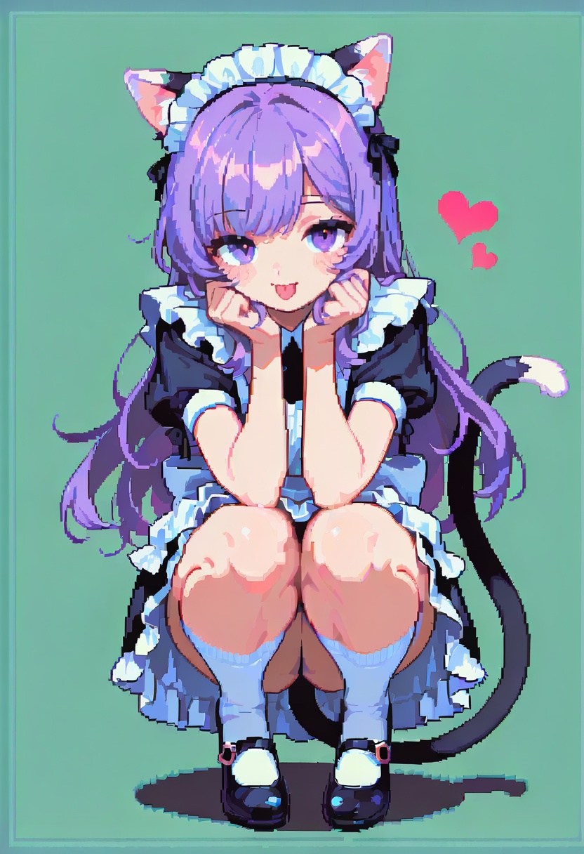 dpa,pixel art, solo, purple hair, tail, maid headdress, maid, long hair, heart, squatting, cat tail, 1girl, purple eyes, socks, out, tongue, cat ears, apron, black dress, white socks, dress, short sleeves, maid apron, looking at viewer, shoes, otoko no ko, mary janes, full body, black footwear