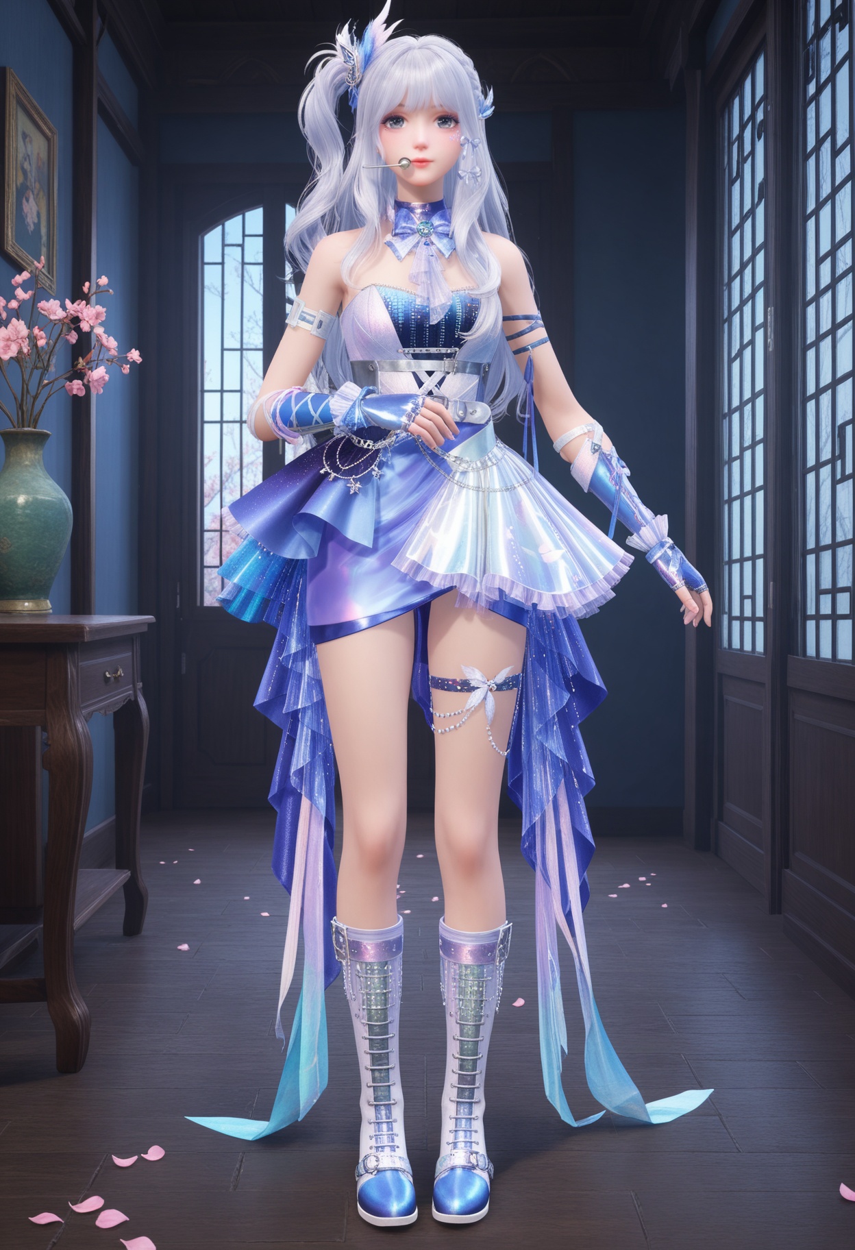 (full_body:1.2),(looking at viewer:1.1),facing viewer,direct gaze,(masterpiece:1.1),(best quality:1.2),(intricate details),(smog:1.3),(Dark room:1.3),(dim lighting:1.3),peach blossom,falling petals,<lora:YQ_Illustrious光辉v5_暖暖23_星屑小梦曲_V1:0.8>,1girl,q1528437228,long hair,white hair,hair ornament,dress,fingerless gloves,boots,blue eyes,skirt,grey eyes,jewelry,one side up,belt,masterpiece,(best quality),(intricate details:0.9) BREAK (intricate details:0.9),(realistic skin:1.2),masterpiece,best quality,newest,absurdres,hiahres,