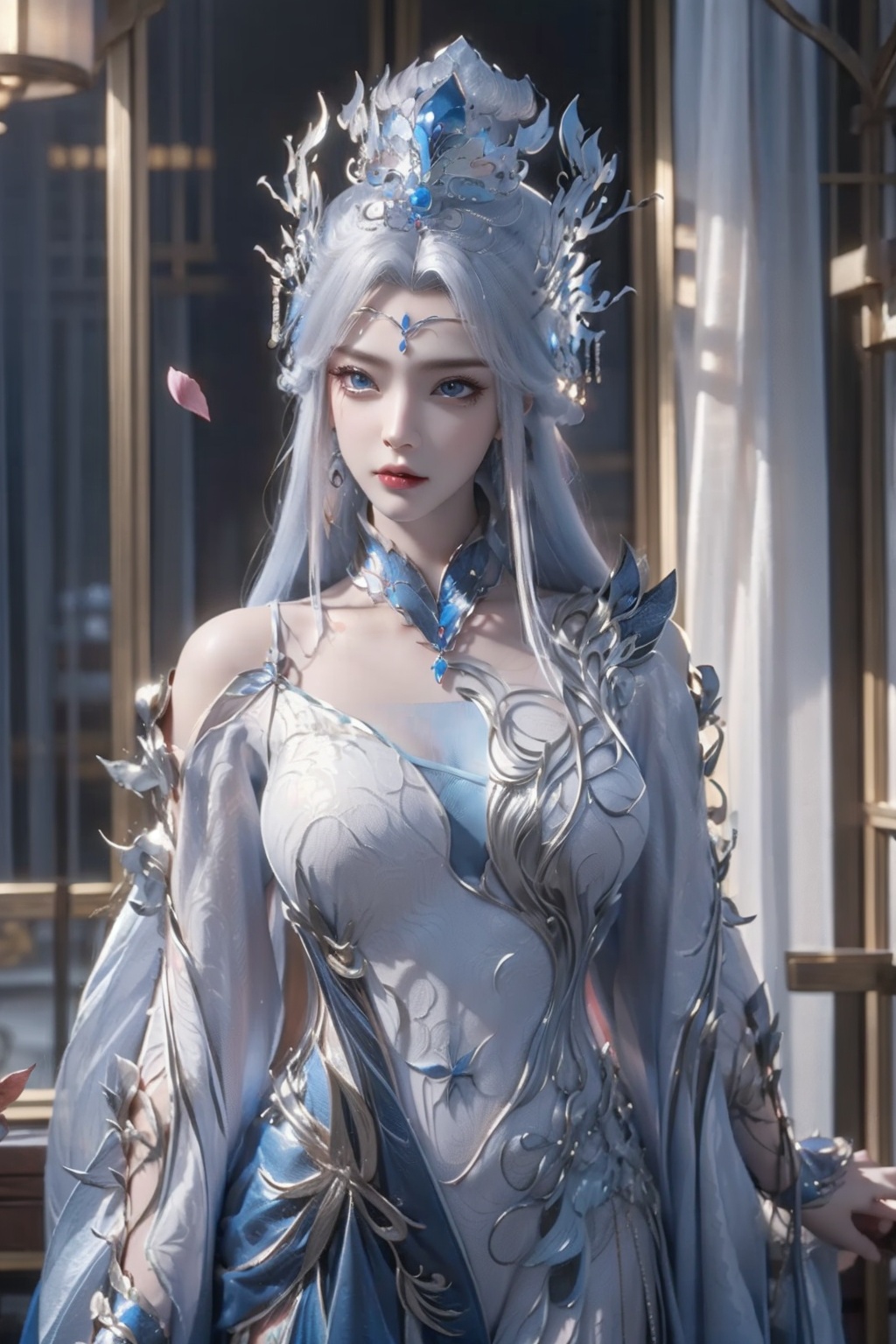 ningyudie,1 girl,blue eyes,long white hair,silver crown,armor,headwear,gufeng,half body photo,petal,