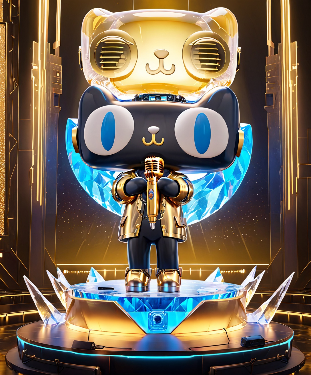 Tmall，Tmall ip,Rich details, C4D modeling, octane render,Ice sculpture, transparent material, blue eyes, gold stage, With the gold microphone, cyberpunk, cyberlight,TV, gold background, look up,masterpiece, best quality, <lora:Tmall SDXL:0.8>