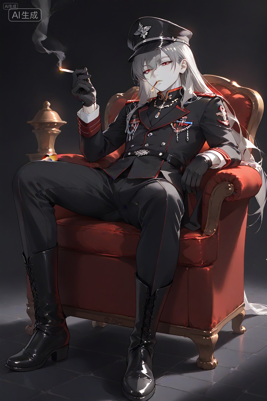 1man,manly,seductive look,white skin,red eyes,narrow pupils,long hair,grey hair,thirty years old,black military uniform and cap,black gloves,black long boots,full bod,formal military uniform,lounging,dark theme,legs spread out,smoking,half closed eyes,pants,, Negative prompt: ng_deepnegative_v1_75t,(badhandv4:1.2),EasyNegative,(worst quality:2),badhandv4,negative_hand,,nsfw, Steps: 25, Sampler: DPM++ 2M, CFG scale: 6.0, Seed: 3355628043, Size: 1024x1536, Model hash: a3aeb59bbf, Model: 星美pony_写实动漫插画大模型_1.0.safetensors, Denoising strength: 0.0, Clip skip: 2, RNG: CPU, vae_name: automatic