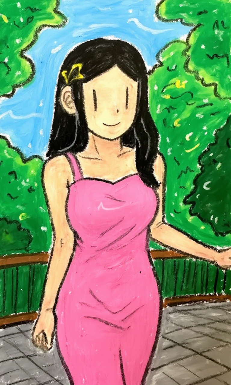 <lora:油画棒:1>，youhuabang-This is a high-resolution cartoon style image,In the picture, there is a woman wearing a pink sundress, her body facing the left side of the frame and her gaze fixed on the camera. She appears to be between the ages of 20 and 30, female, slim, with a calm expression. She is wearing a pink sundress, her hair is black, long and flowing without bangs. The background consists of green foliage and trees, while the sky is blue. Sunlight filters through the leaves, casting some dappled light on the woman's body.