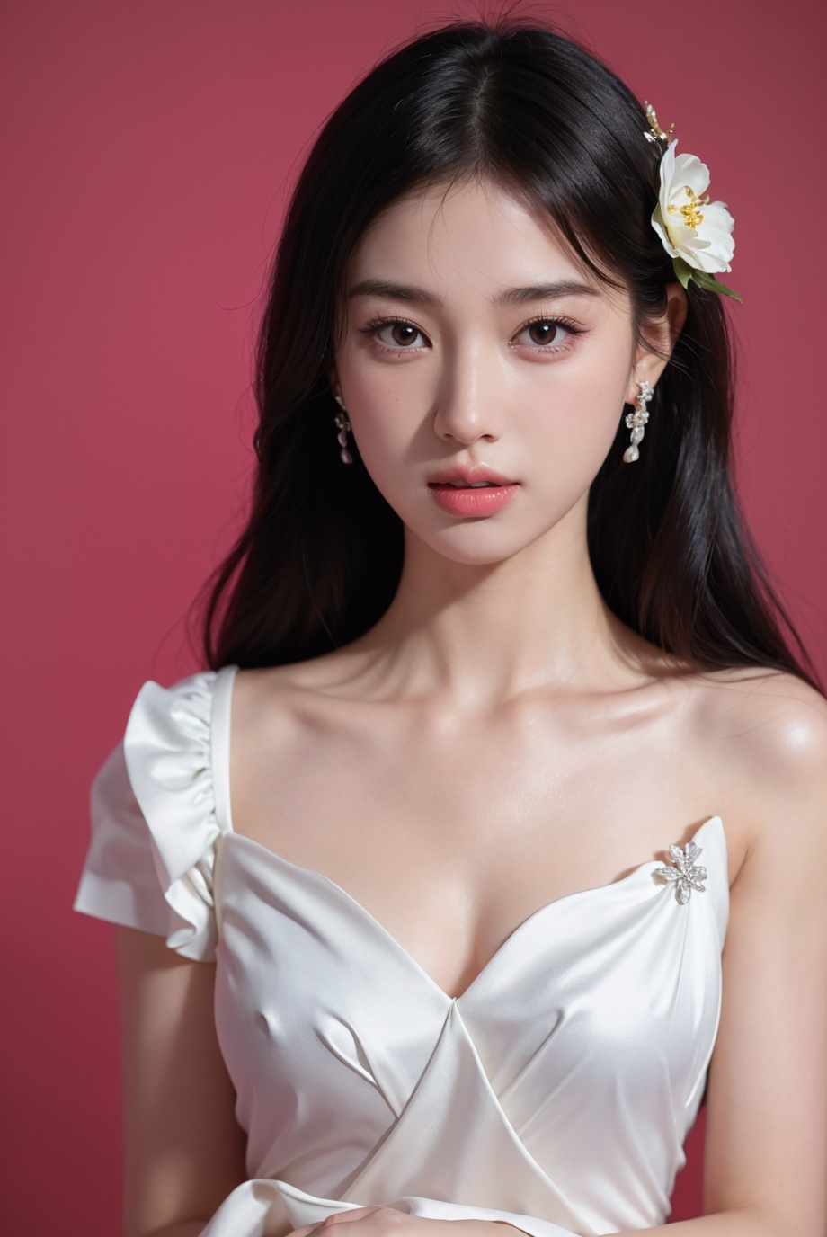 1girl, solo,(front view:1.2),(looking_at_viewer:1.4),(eye-contact:1.4),,black hair, long hair, jewelry, realistic, earrings, hair ornament, black eyes, lips, collarbone, parted lips, flower, watermark, upper body, portrait, hair flower, dress, web address,  <lora:YG红颜阁美女8:0.85>,