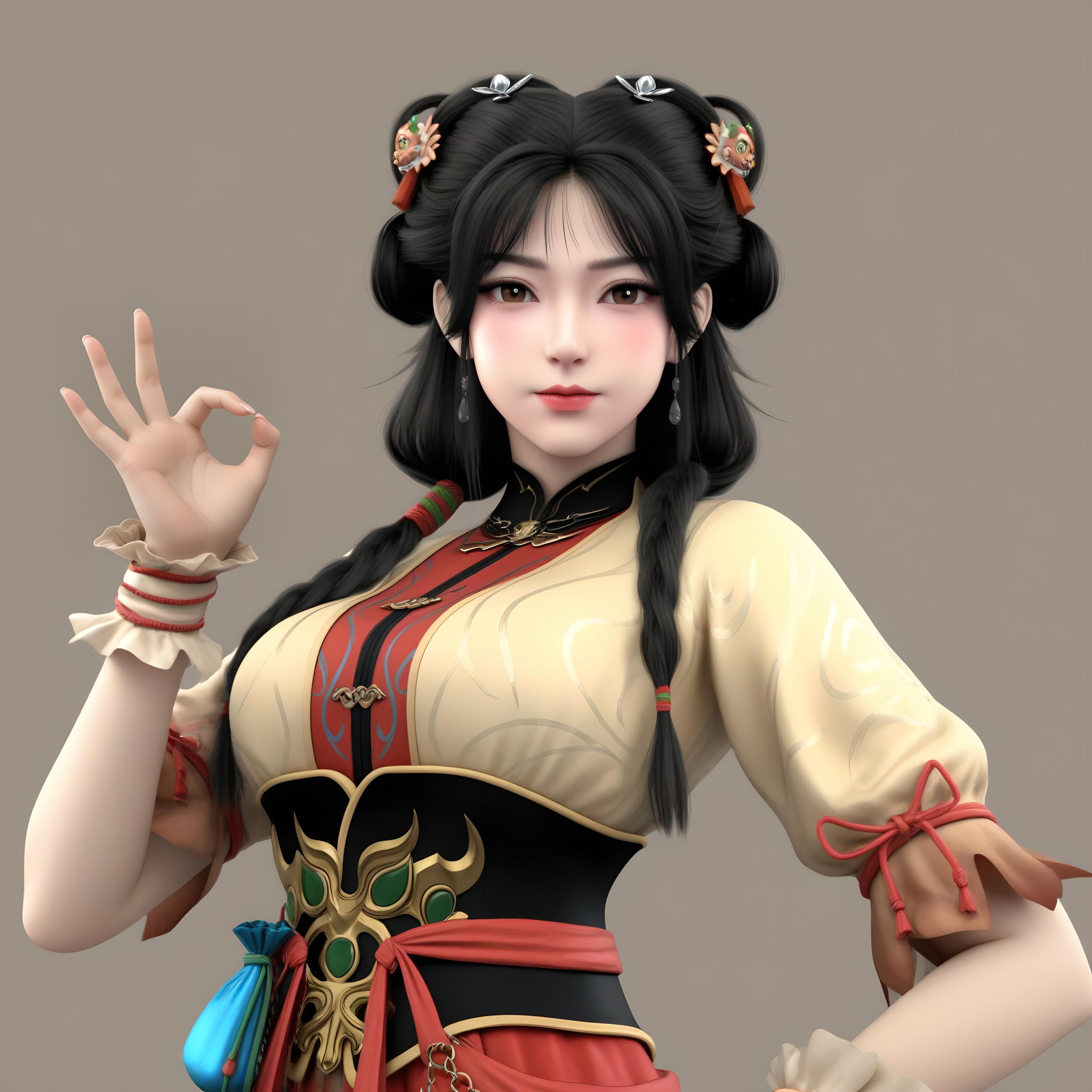 masterpiece,best quality,absurdres,highres,mature female,glamor,(slender:1.1),solo,<lora:金玉环-ill:0.85>,jingyuhuan,multi-tied hair,hair ornament,long hair,black hair,twin braids,braided hair rings,earrings,brown eyes,brown_pupils,light blush,BREAKhigh collar,puffy short sleeves,waist belt,waist sash,ornate belt,high-waist skirt,long skirt,blue pouch,wrist cuffs,gold chain,looking at viewer,(front view),(ok_sign:1.1),upper body,BREAKsimple background,white background,