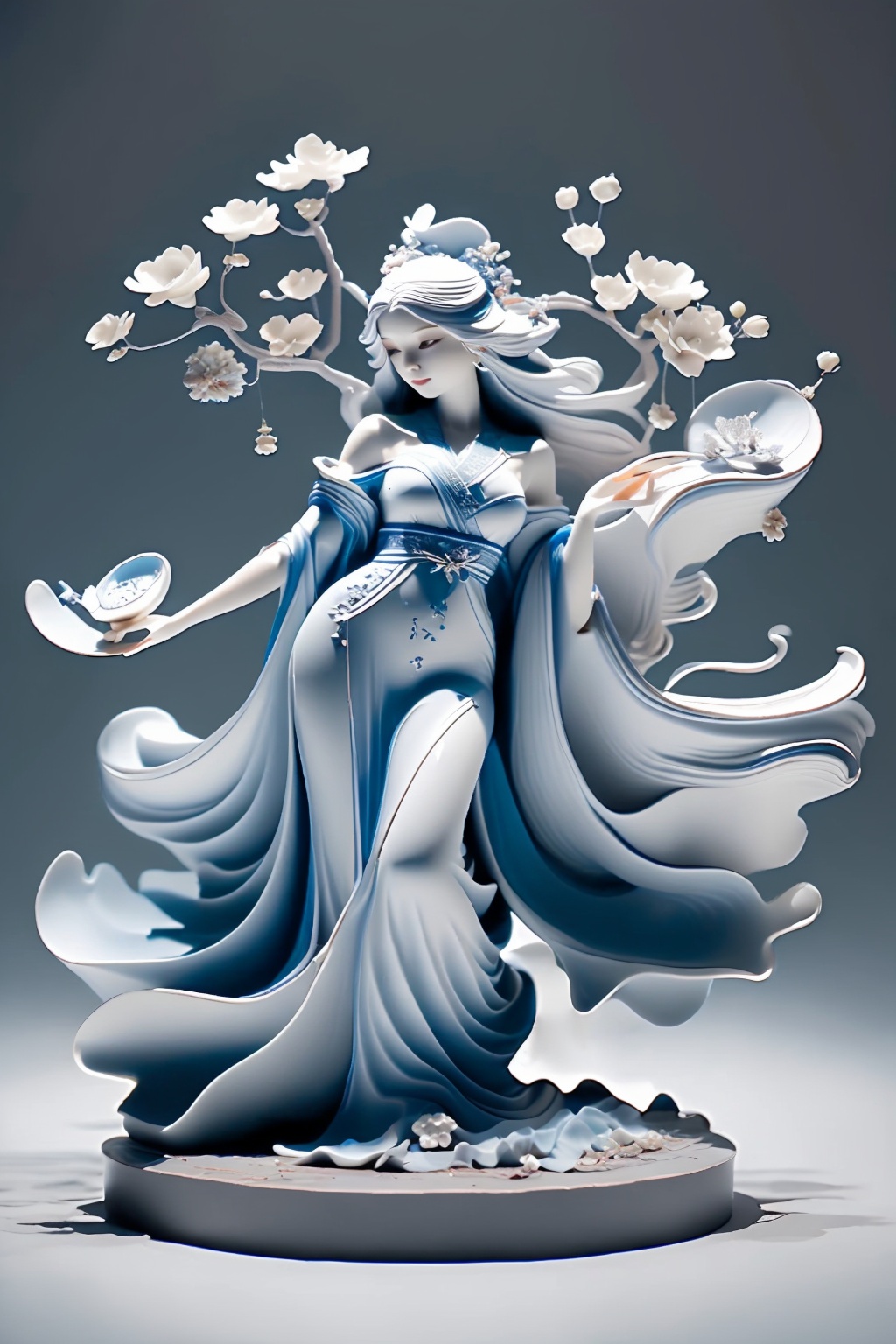 shouban,<lora:手办_v1.0:0.8>,1girl,in the strange landscape of the dream garden,an explorer wearing a flowing long dress,handheld compass,coincidentally observing a huge talking flower,surrounded by fish swimming upstream and flying flowers,her eyes sparkled with curiosity about the unknown,