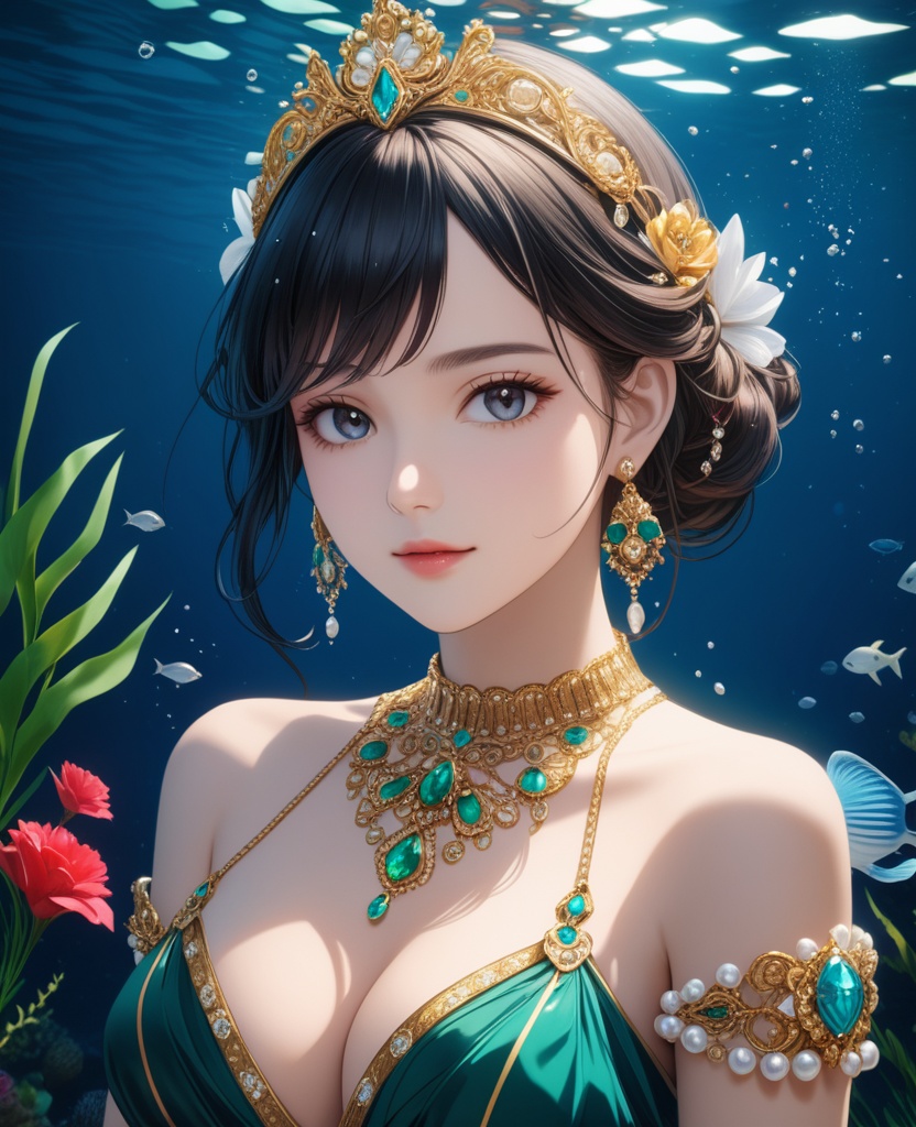 (,1girl, ,best quality, ),looking at viewer,masterpiece, ((((, solo,  , ,solo focus, ,underwater, )))) ,ultra realistic 8k cg,   clean, masterpiece,     cinematic lighting, cinematic bloom,  (( , )),, , unreal, science fiction, luxury, jewelry, diamond, gold, pearl, gem, sapphire, ruby, emerald, intricate detail, delicate pattern, charming, alluring, seductive, erotic, enchanting, hair ornament, necklace, earrings, bracelet, armlet,,(cleavage),