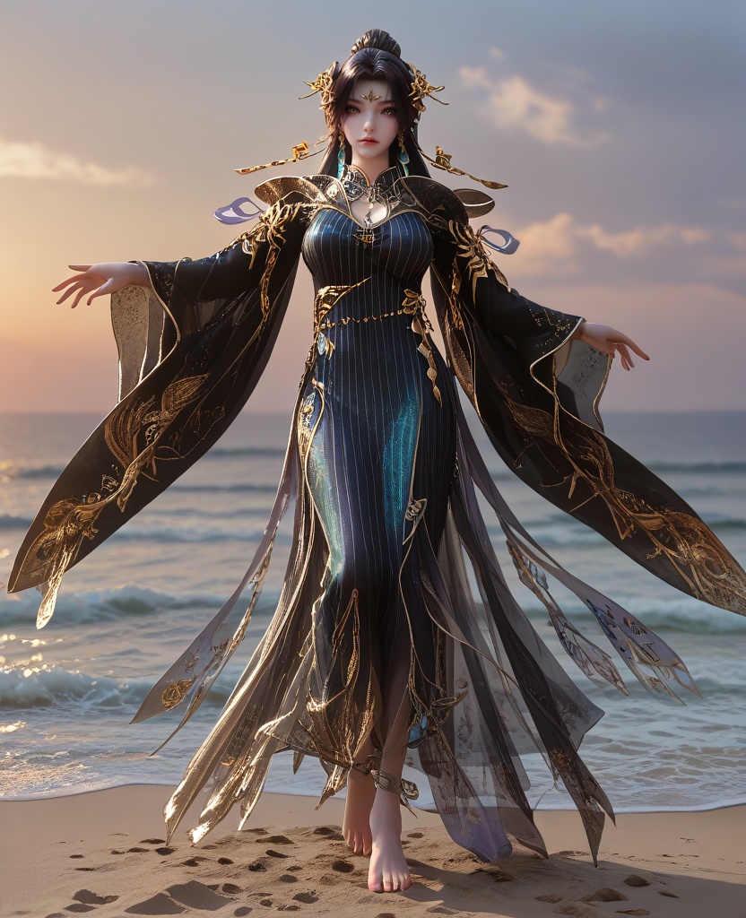 (Walking along a beach, barefoot, with arms outstretched, embracing the freedom of the sea,:1.1),(large breasts:1.2),<lora:XL16云深不知梦羲和第9集:0.95>,miss xihe,ombre gown,yellow eyes,forehead jewel,black hair,absurdly long hair,traditional chinese updo with long cascading hair,hair ornament,jewelry,earrings,wide sleeves,boots,eyeshadow,, score_9,score_8_up,score_7_up,score_6_up,score_5_up,score_4_up,3d rendering,tag1,tag2, Cinematic Lighting,backlighting,