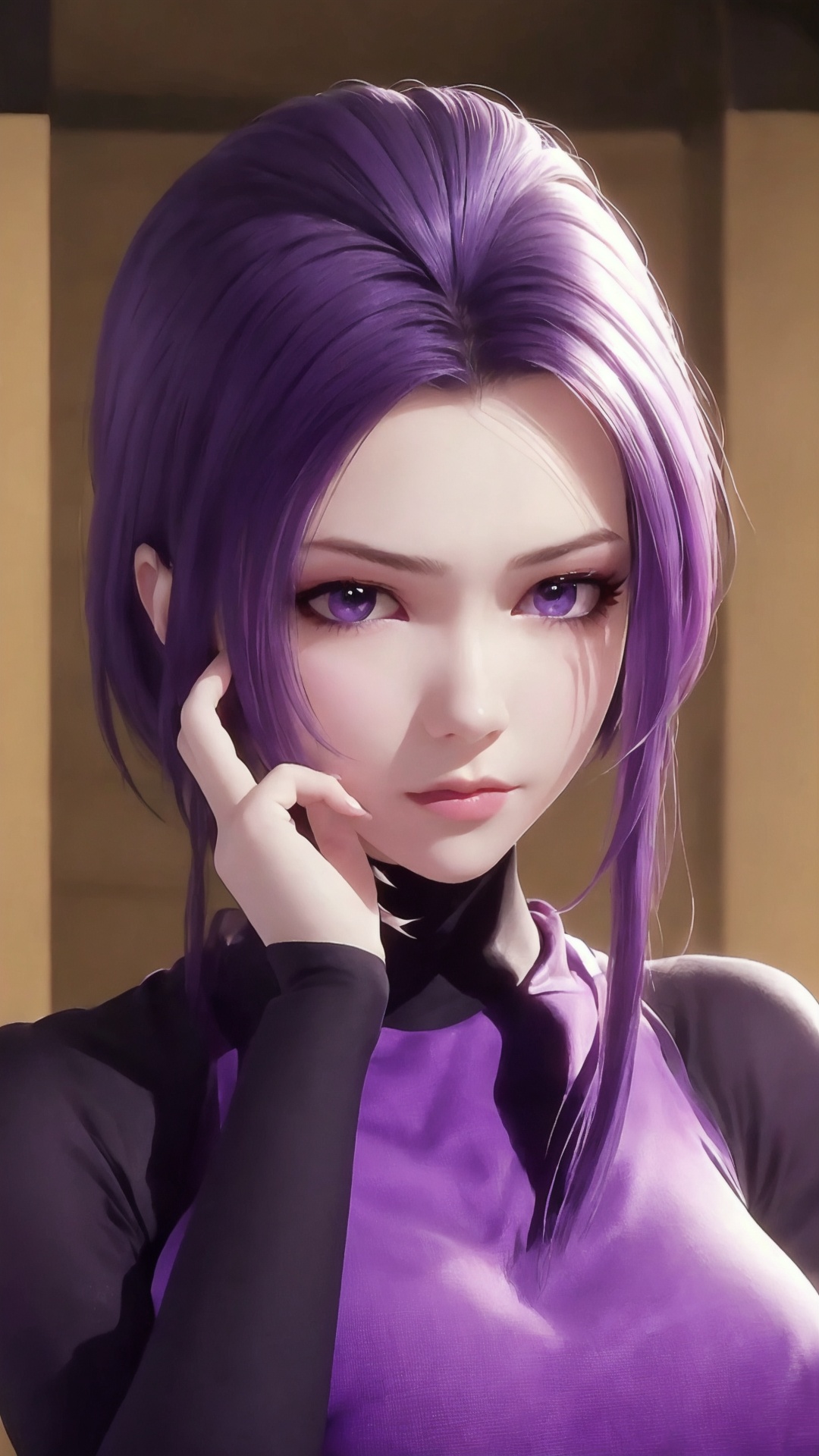 The image is a close-up portrait of a young woman with purple hair. She has a serious expression on her face and her hand is resting on her chin, as if she is deep in thought. She is wearing a black and purple outfit with a high neckline and long sleeves. Her hair is styled in a messy, spiky manner with a few strands of purple hair framing her face. The background is blurred, but it appears to be an indoor setting with a wooden floor. The overall mood of the image is somber and contemplative.,<lora:tyz zi_20241217072752-000016:0.8>,
