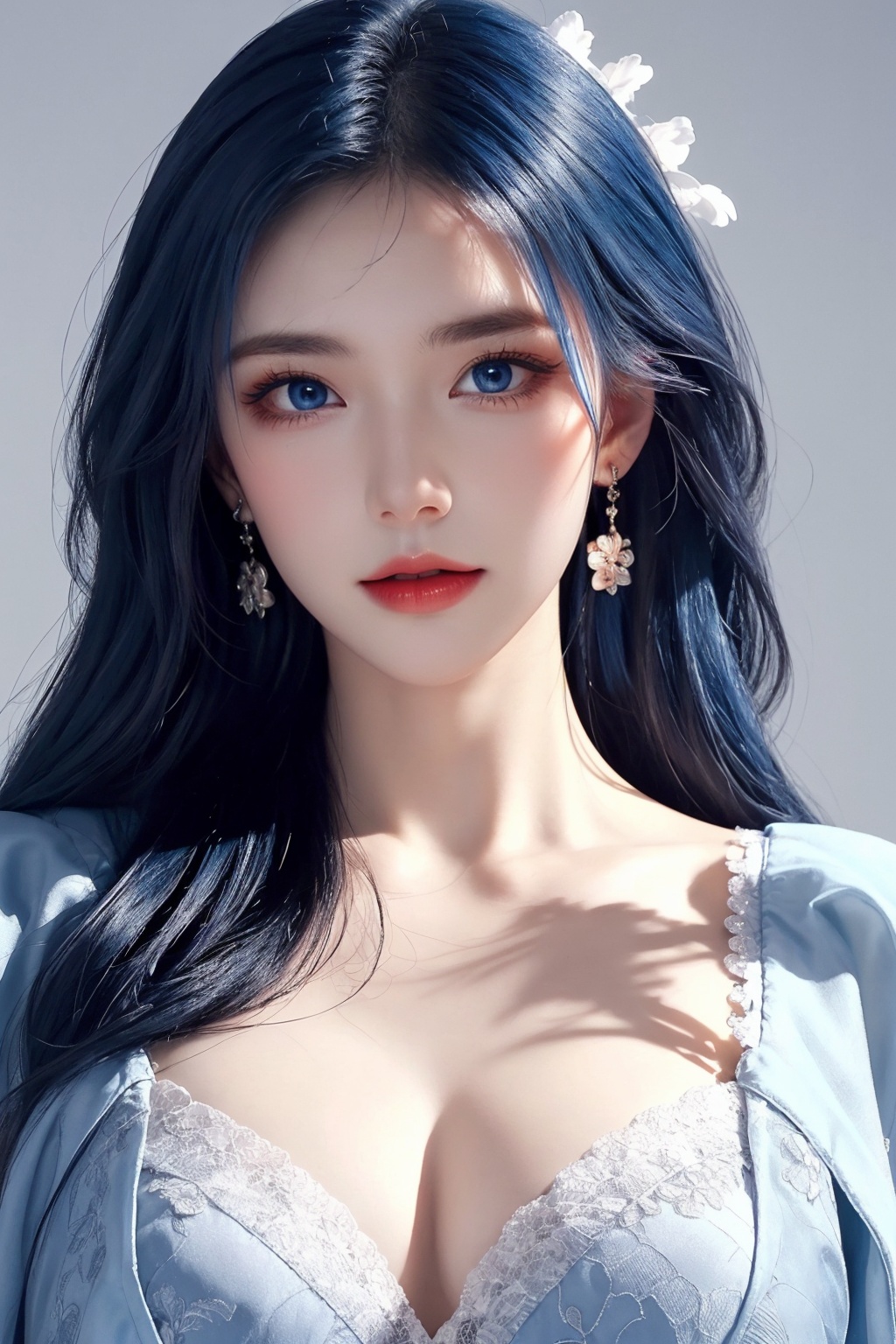 1girl, blue eyes, blue hair, bra, breasts, cleavage, collarbone, earrings, floral print, grey background, jewelry, lace, lace-trimmed bra, lace bra, lace trim, large breasts, long hair, looking at viewer, solo, underwear, upper body ,(blue eyes and blue hair beauty:1.2)  <lora:蓝色:1>