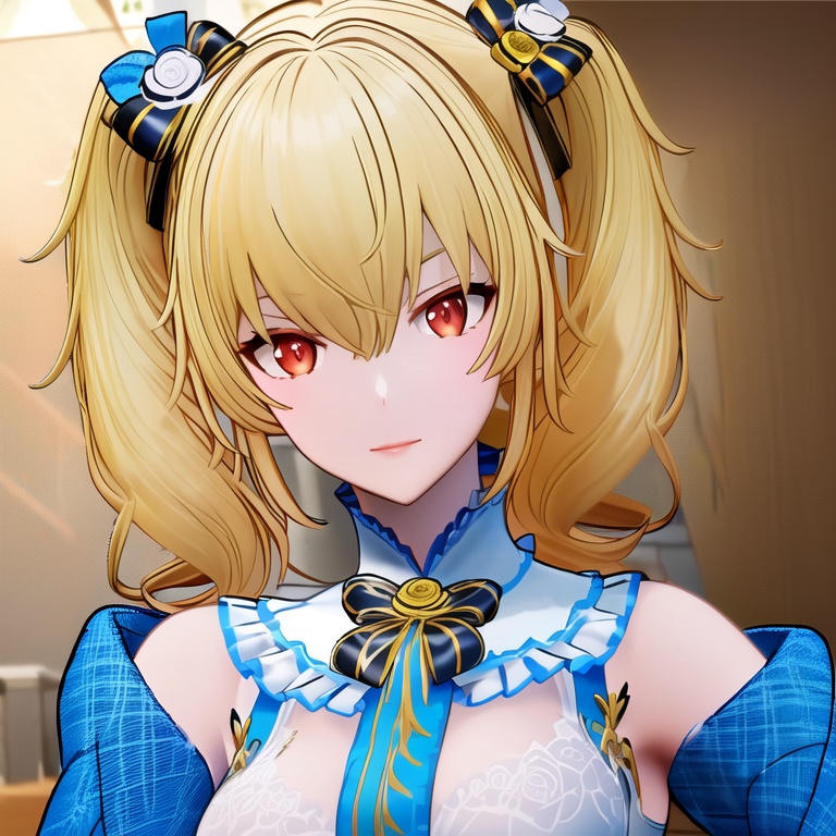short hair，red eyes，fenni,detailed face, blue dress,looking at viewer, <lora:fenniV1.1:1>