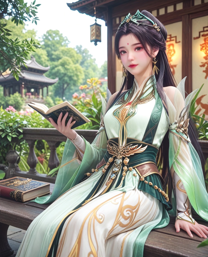 (oriental architecture, elegant decor, sophisticated style:1.1),(Sitting cross-legged on a park bench, holding a book and reading,:1.1),(breasts:1.2),<lora:XL师兄啊龙吉公主:0.95>,princess longji,dress,forehead mark,black hair,hair bun,hair ornament,long hair,earrings,jewelry,black sash,see-through sleeves,detached sleeves,tassel,, score_9,score_8_up,score_7_up,score_6_up,score_5_up,score_4_up,3d rendering,tag1,tag2, Cinematic Lighting,backlighting,