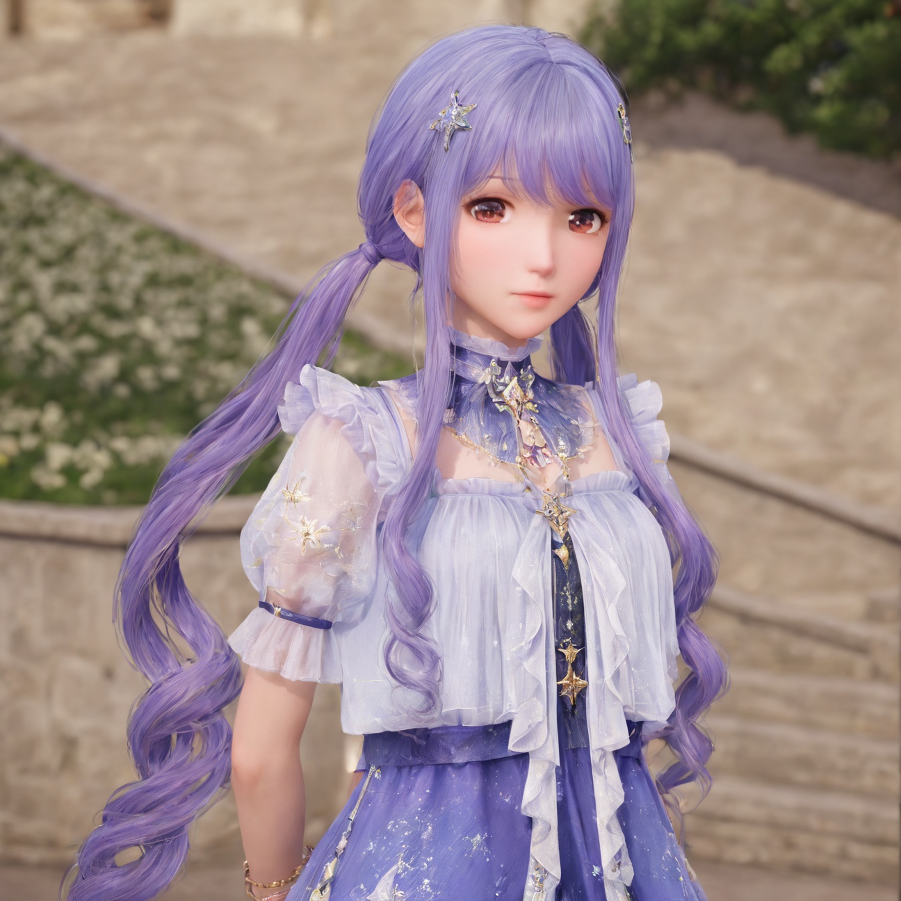 <lora:nikki:0.8>,nikki,1girl,twintails,long hair,jewelry,dress,blue hair,bracelet,hair ornament,brown eyes,short sleeves,purple hair,bangs,face to face,purple dress,(simple background:1.5),blurry background,gradient background,looking at viewer,arms behind back,(head tilt:1.3),indoors, 