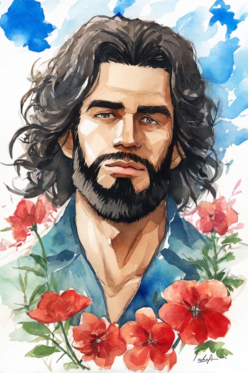 <lora:ArsMJStylePony_-_Watercolor:0.8>,arsmjstyle,beard,blue sky,cloud,flower,lips,looking at viewer,male focus,painting \(medium\),red flower,sky,watercolor,white background,