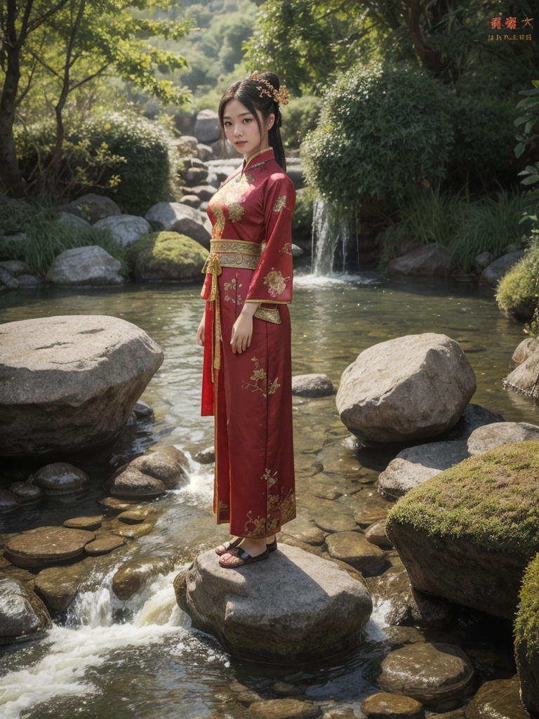 Chinese ancient costume girl standing in front of a rockery and flowing water,  silk texture,  classical hairstyle on Tens...