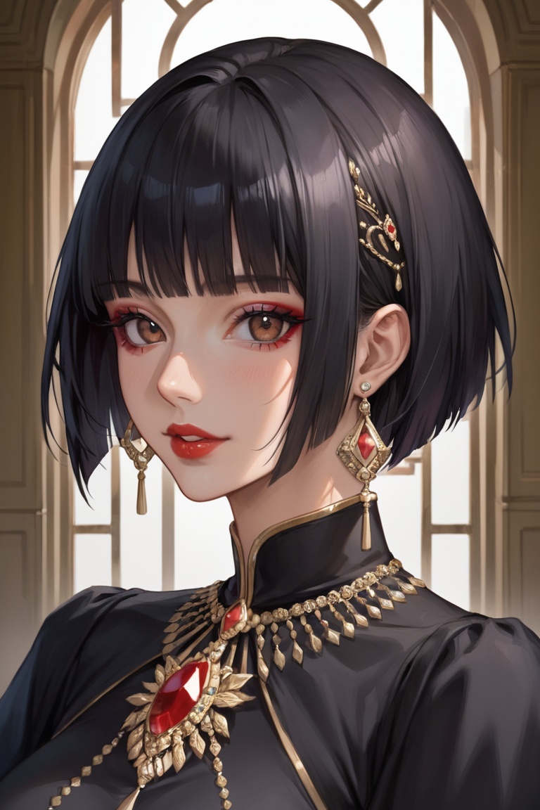 score_9, score_8_up, score_7_up, masterpiece, best quality, absurdres, very aesthetic, source_anime, detailed illustration, 8K UHD, close up, 1girl, solo, looking at viewer, short hair, bangs, black hair, brown eyes, jewelry, upper body, earrings, parted lips, indoors, blunt bangs, black dress, makeup, ring, gem, red lips