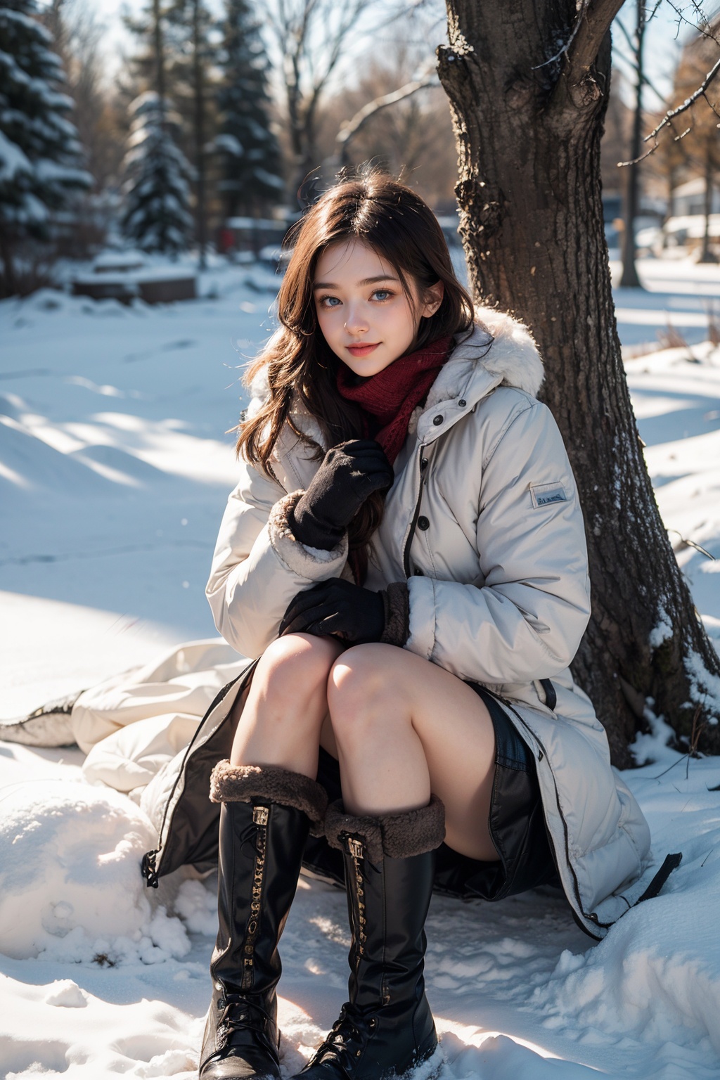 girl in a snowy landscape,winter coat,fluffy hood,white fur trim,breath visible in cold air,soft falling snowflakes,glistening snow on trees,icy blue eyes,warm gloves,red scarf wrapped snugly,boots with fur lining,frost-covered branches,gentle smile,rosy cheeks from cold,playful pose,snowy hills in background,distant snow-covered mountains,crisp winter sun,shadows on snow,tranquil winter scene,(best quality,4k,8k,highres,masterpiece:1.2),ultra-detailed,(realistic,photorealistic,photo-realistic:1.37),HDR,UHD,studio lighting,sharp focus,physically-based rendering,extreme detail description,professional,vivid colors,bokeh,