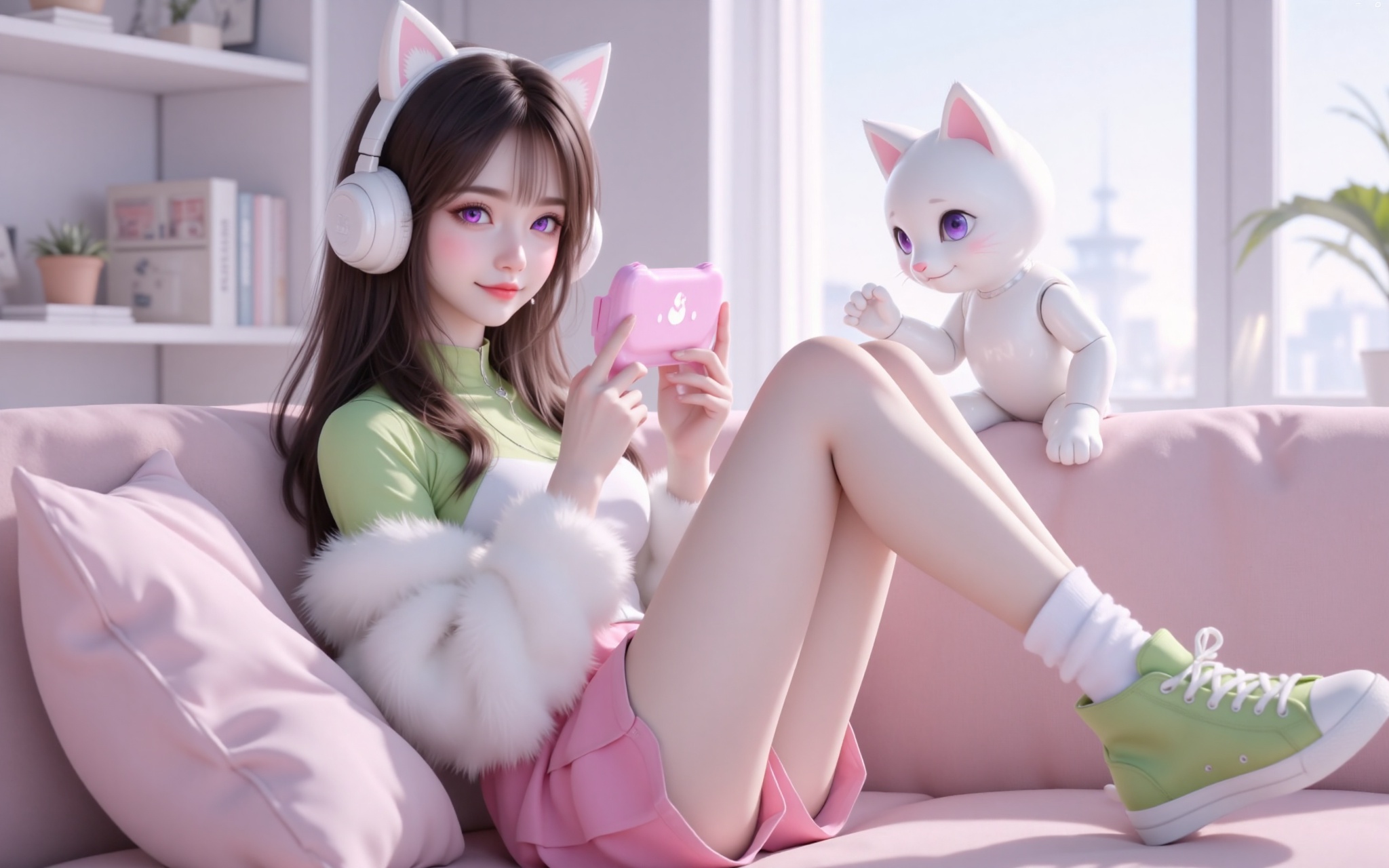 This is a cartoon-style young woman with digital illustrations. She has dark brown hair, fair skin, and is wearing white cat-ear headphones. She has grass green shoulders, a pink short skirt, white furry sleeves, and grass green high-top sneakers and white socks. She is sitting on a pink sofa in a bright room. The white one is on the back shelf, holding a pink smart hand The machine is big, with purple eyes focused on the screen, giving her a relaxed and slightly alluring expression. The room is gently illuminated by natural light, and there are small decorative items on the shelf. The overall tone is soft and gentle