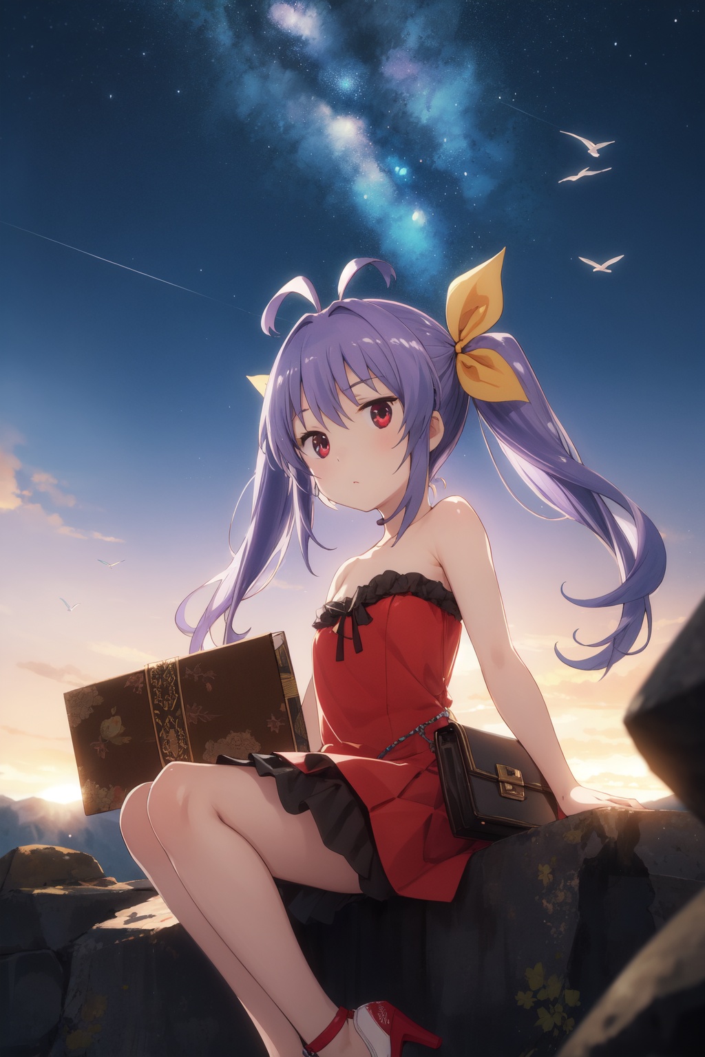 <lora:Renge-000003:0.8>,Renge CYQL,1girl,looking at viewer,solo,twintails,purple hair,long hair,antenna hair,hair ribbon,red eyes,loli,strapless dress with metallic heels and a statement clutch.,Neutral, A relaxed facial expression with a slightly open mouth.,bust,beautiful face,beautiful eyes,glossy skin,shiny skin,Volcano, Lava, Ash, Crater, Smoke, Rocks, Seabirds, Magma,(Japanese maples, Snow-covered branches, Winter garden, Tranquil setting, Japanese elegance, Frosty beauty:0.6),beautiful detailed sky,beautiful detailed glow,masterpiece,best quality,beautiful and aesthetic,wallpaper,