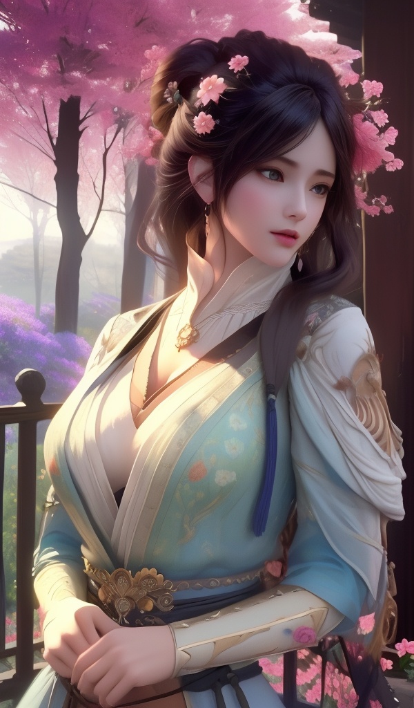<lora:754-DA-眷思量-须灵犀-V2:0.8>, (,1girl, ,best quality, ),looking at viewer,,anime,(masterpiece, top quality, best quality, official art, beautiful and aesthetic:1.2), (1girl)	, , (cleavage),, extreme detailed,(fractal art:1.3),colorful, flowers ,highest detailed,(by Jeremy Lipking)    (cleavage),,  (),
