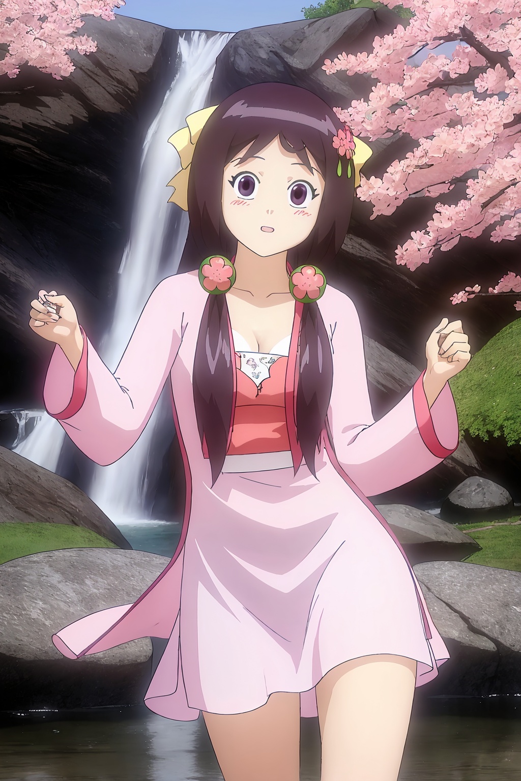 dancing, dress, chinese_clothes, long_sleeves, looking_at_viewer, (scenery, waterfall, cherry_blossoms, milfeulle_sakuraba, petals, water, stone),1girl, solo, long_hair, hair ornament, blush, bow, hair_bow, flower, hair_flower, jewelry, earrings, (cleavage),white_legwear,fingernails, nail_polish, makeup, (petite),photo_\(medium\),(8k, RAW photo, best_quality), (masterpiece:1.2),(realistic), (photorealistic:1.3), (ultra-detailed),(extremely_detailed_cg_8k_wallpaper),(crystal_texture_skin:1.3), (shiny:1.2),(shiny_skin:1.4),(extremely_delicate_and_beautiful),<lora:syqiangk_心R柔_5.2:0.8>,