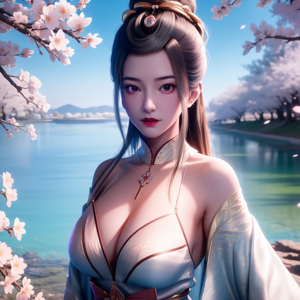 <lora:769-DA-念无双-韩女:0.8>, (,1girl, ,best quality, ),looking at viewer,  ultra detailed background,ultra realistic 8k cg,ultra detailed 8k cg,masterpiece,upper body,  (( , )),, ,science fiction,mole, ultra realistic 8k cg, ,    ,outdoors, sun,sunlight, cherry blossoms,      (cleavage),,  (),