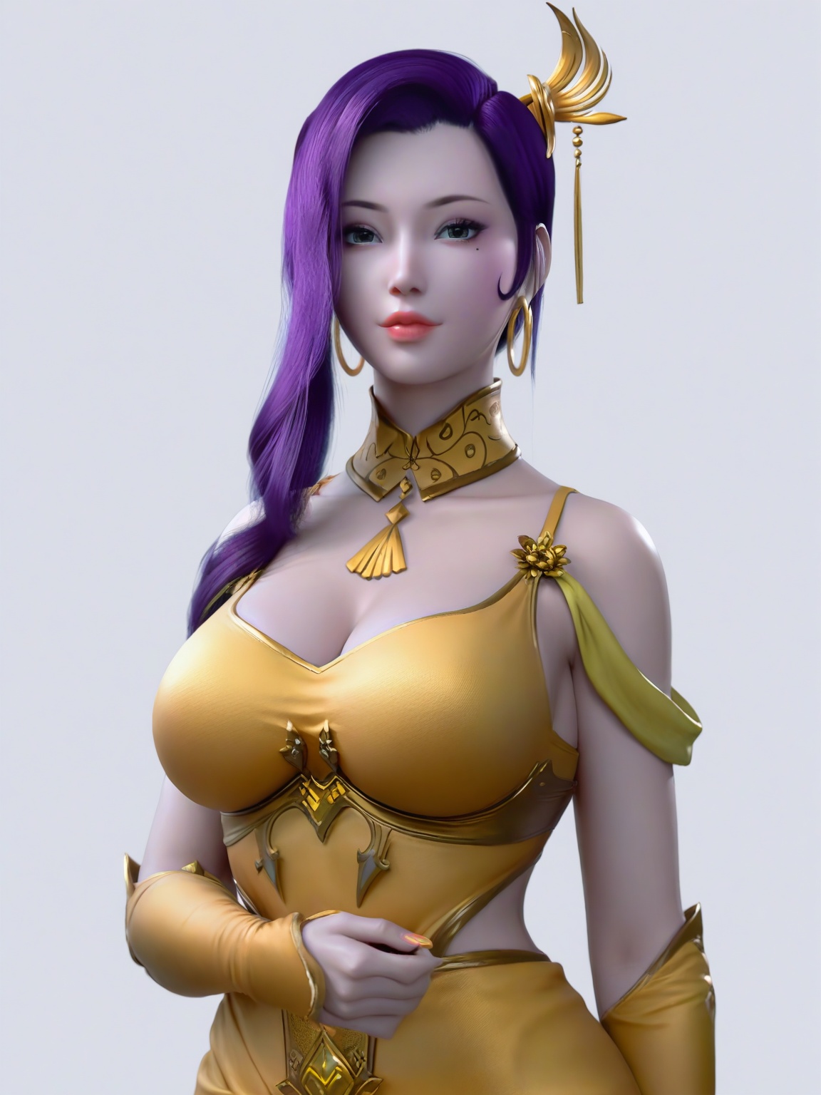 score_9,<lora:SF_XuanSu_Pony_Realism2.3-000003:0.7>,1girl,yellow dress,breasts,large breasts,standing,hair ornament,solo,lipstick,purple hair,asymmetrical hair,mole under eye,hoop earrings,multicolored hair,jewelry,ponytail,cowboy shot,looking at viewer,white background,simple background,