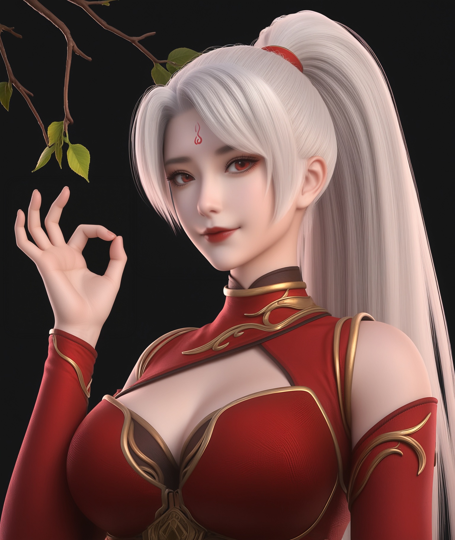 (score_9),masterpiece,best quality,absurdres,highres,BREAK(glamor:1.1),slender,white_skin,(fair_skin:1.1),collarbone,(large breasts),puffy chest,cleavage,<lora:焰羽-ill:0.83>,yanyu,1girl,solo,long hair,white hair,ponytail,hair rings,red eyes,forehead mark,red dress,high collar,light blush,(seductive_smile:1.1),looking at viewer,(upper body),ok sign,face_foucs,front view,BREAKblack background,branch,twig,rim light,Cinematic Lighting,Volumetric Lighting,Tyndall effect,