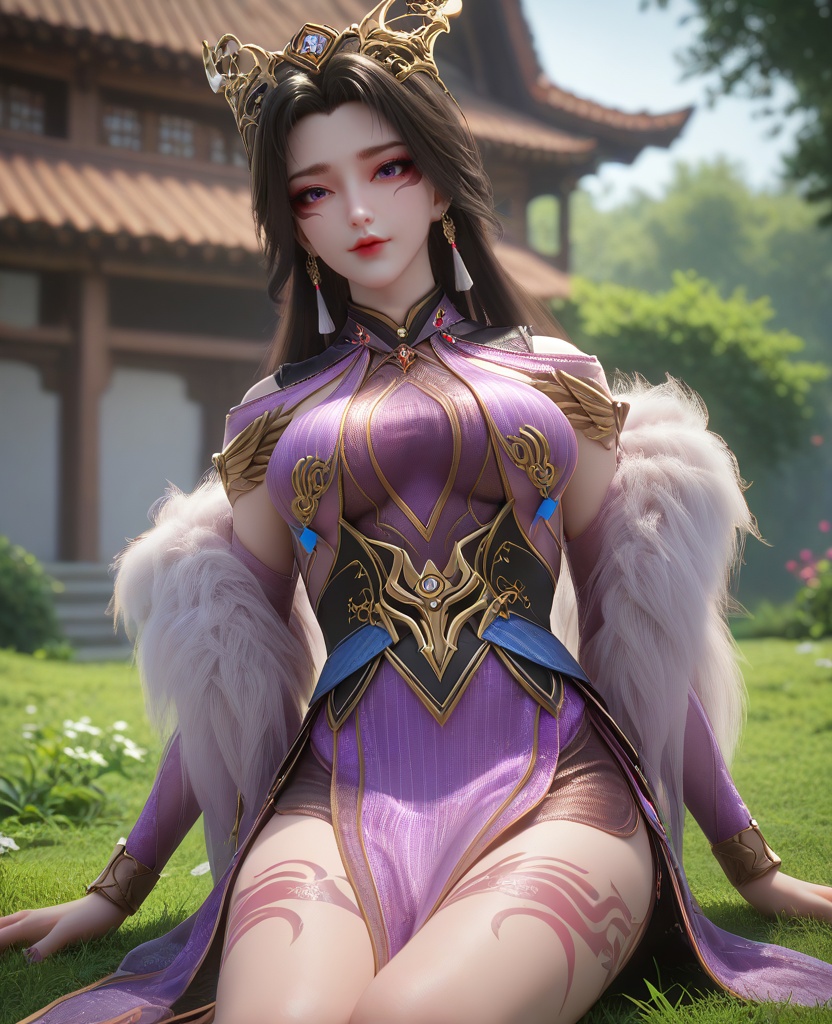 (oriental architecture, elegant decor, sophisticated style:1.1),(Sitting on the grass, leaning back on hands,:1.1),(breasts:1.2),<lora:XL16百炼成神司妙玲:0.95>,miss simiaoling,purple dress,purple eyes,lips,eyeshadow,facial mark,black hair,long hair,hair ornament,earrings,jewelry,fur shawl,sash,black underskirt,leg tattoo,, zPDXL2, score_9, score_8_up, score_7_up BREAK realistic, masterpiece,best quality, highly detailed,, zPDXL3, zPDXL2,zPDXL, zPDXLxxx, zPDXLrl,