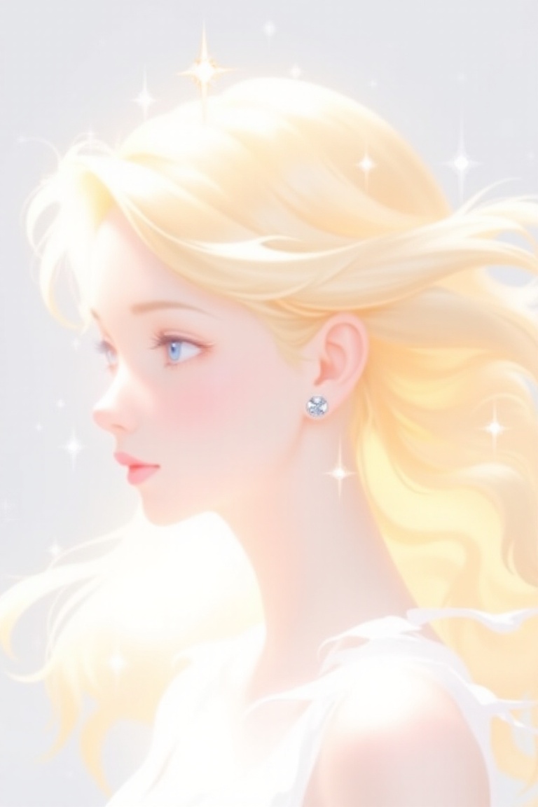 guanghui，color trace， An animated image of a woman with long blonde hair. The woman's hair is blowing in the wind and she is wearing a white dress. Her ear is adorned with silver studs. Her eyes are blue and her lips are pink. The background is a light gray color. There are white stars in the air around her head.,<lora:models/4610/df9d9207.safetensors:0.8:0.8>